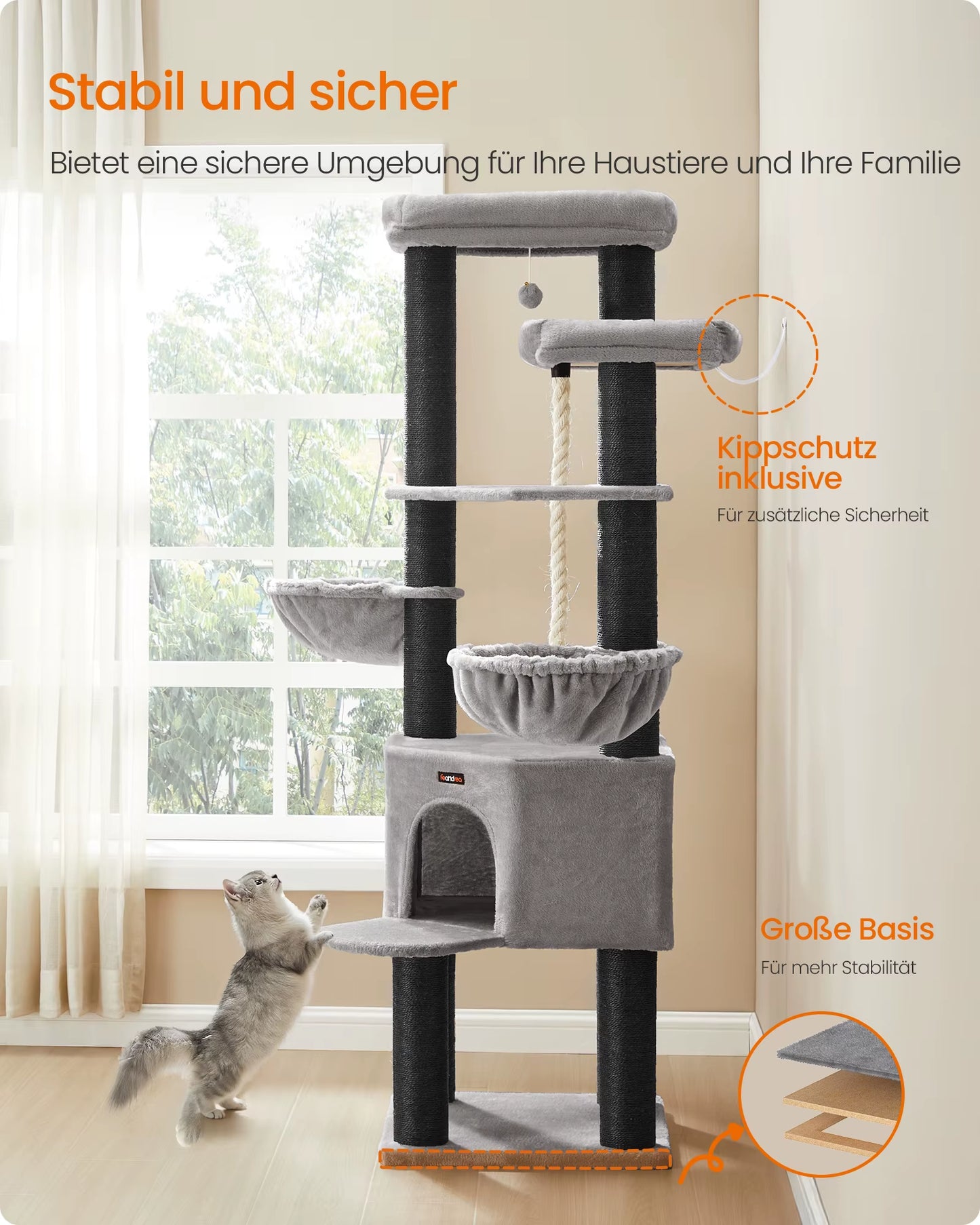 Scratching Post, Multi-Storey Cat Tree, XXL, 55X55X186.7 Cm, 11 Cm D Thickness Sisal Trunks
