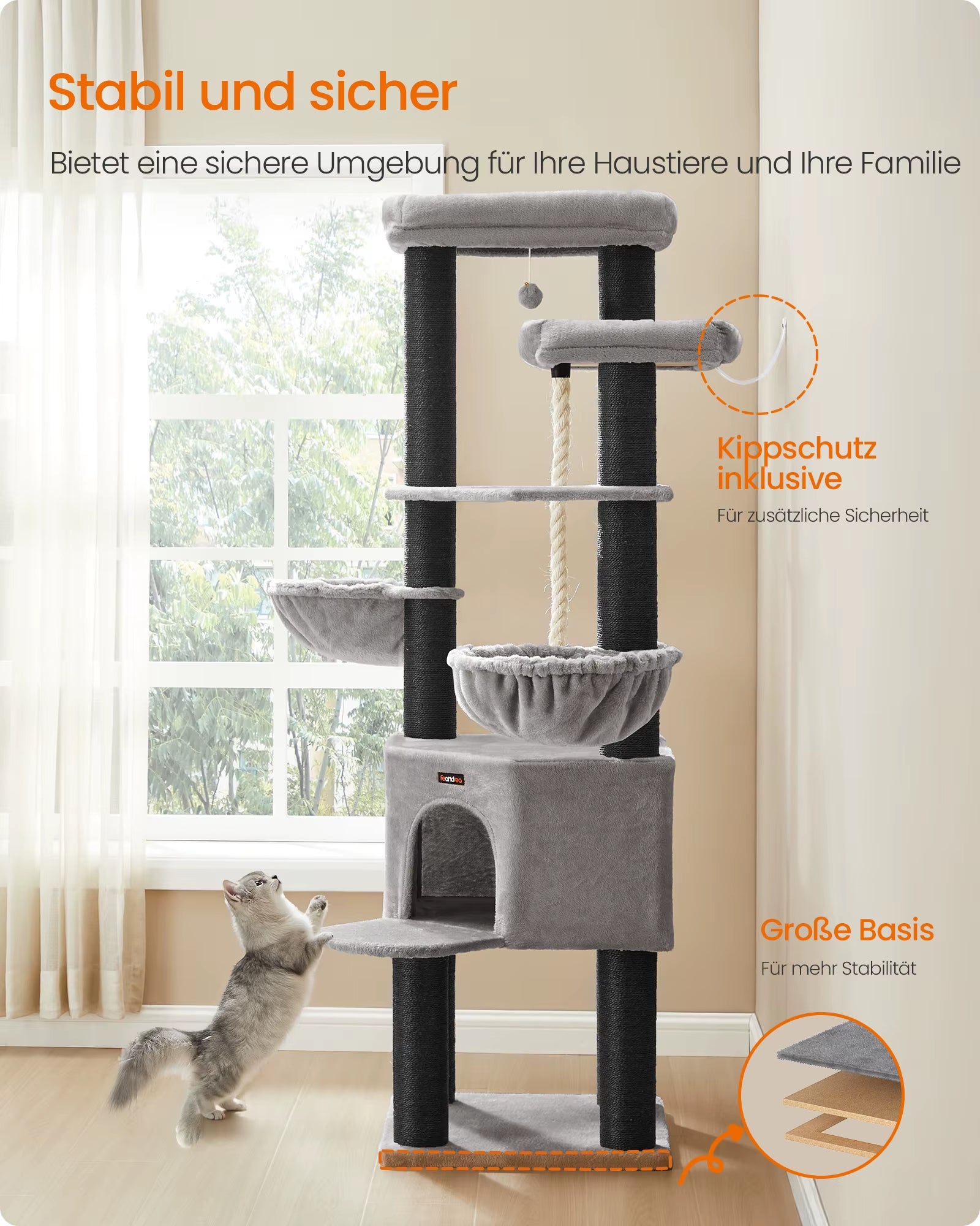Scratching Post, Multi-Storey Cat Tree, XXL, 55X55X186.7 Cm, 11 Cm D Thickness Sisal Trunks