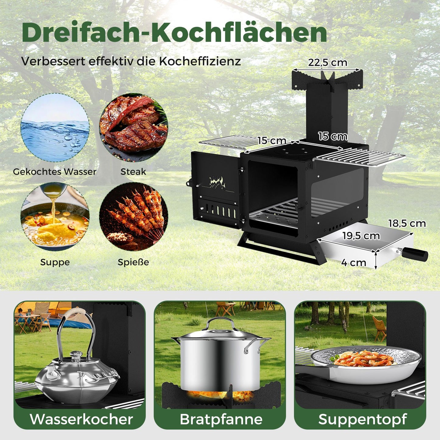 Gartenofen Zum Kochen Campingofen Mit Topfgestell & Ofenpfanne & 2 Grills Holzofen Mit Sichtfenster