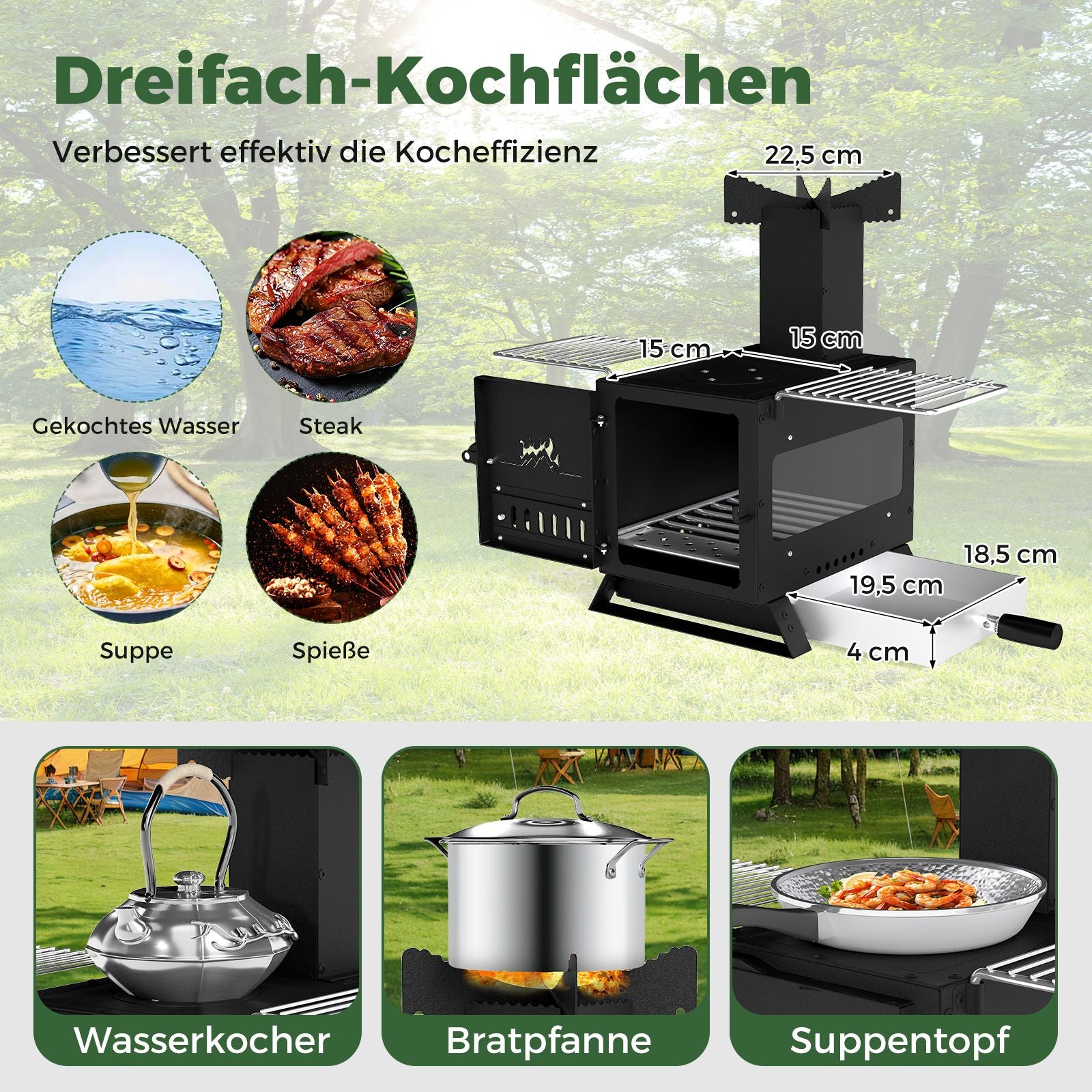 Gartenofen Zum Kochen Campingofen Mit Topfgestell & Ofenpfanne & 2 Grills Holzofen Mit Sichtfenster