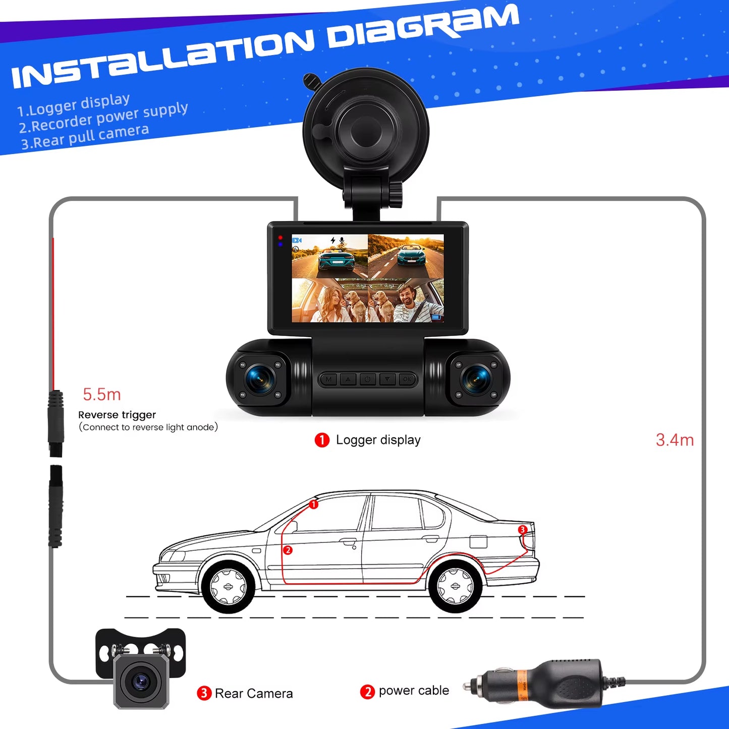 3Inch 2K Car Dash Cam Car DVR 4 Lenses Recorder Driving Recorder with Gravity Sensor Night Vision Motion Detection