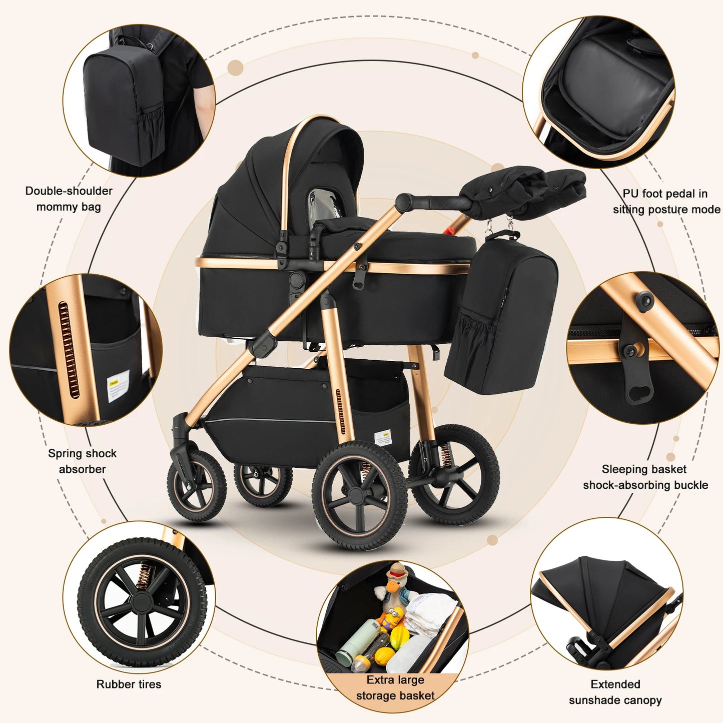 Baby Stroller 3 in 1 Easy Folding Multifunctional Stroller Travel Portable Baby Carriage Safety Seat EU Standard