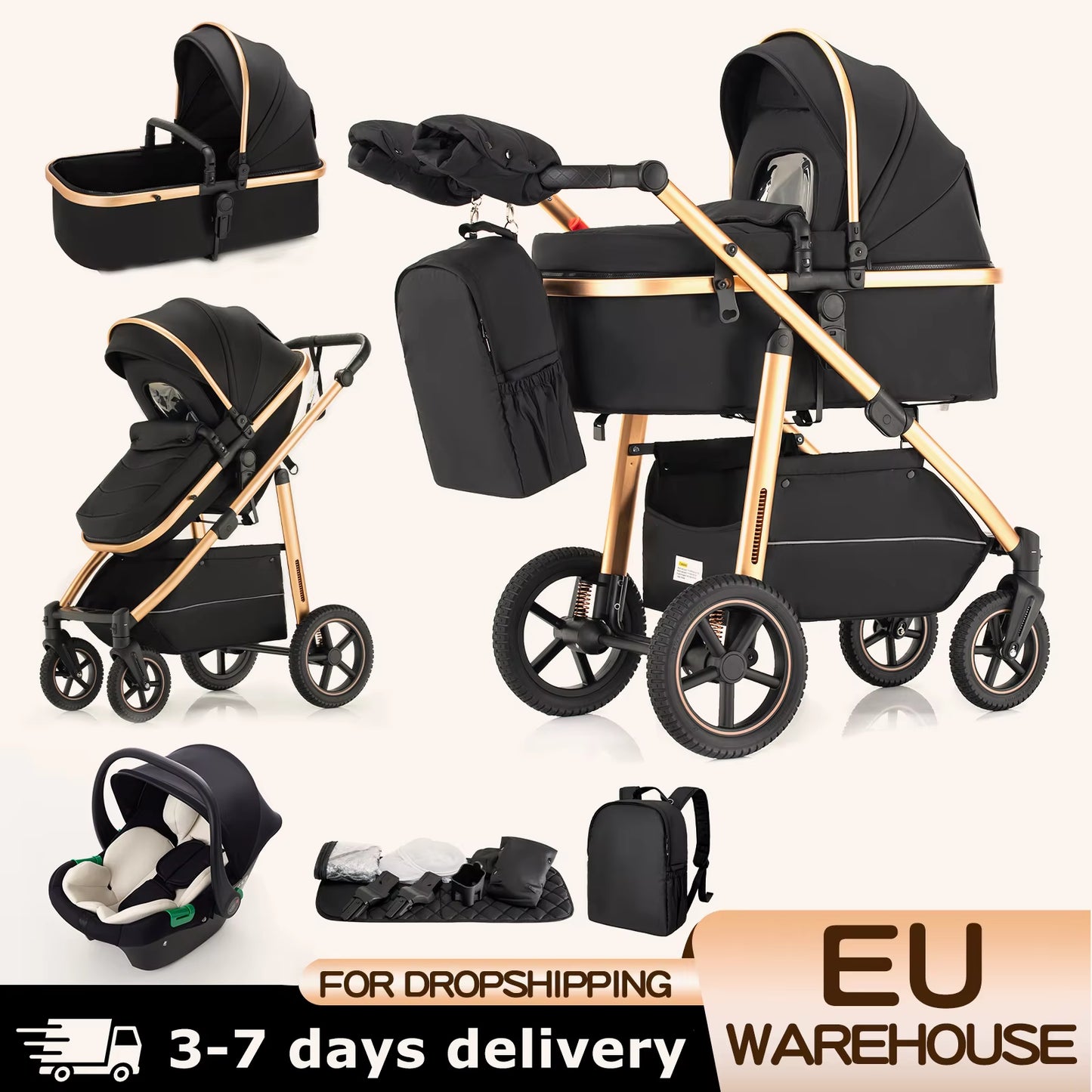 Baby Stroller 3 in 1 Easy Folding Multifunctional Stroller Travel Portable Baby Carriage Safety Seat EU Standard