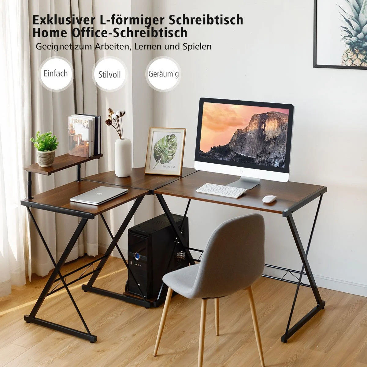 L-Form Computertisch Schreibtisch Bürotisch Ecktisch Winkelschreibtisch Walnuss