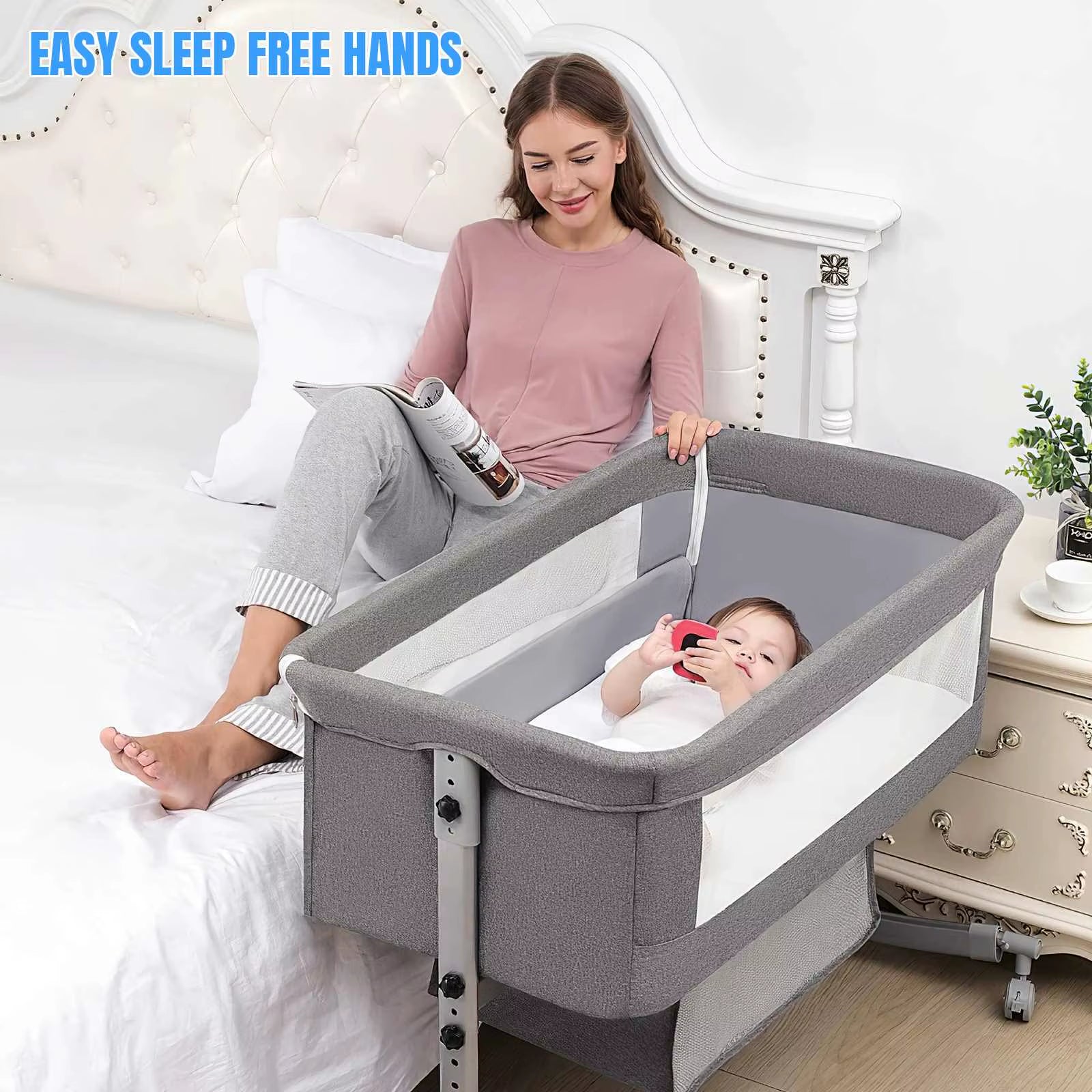 Baby Crib 3 in 1 Baby Bed Bedside Crib Baby Playpen 0-3 Years Child Multi-Function Folding and Lifting with Mosquito Net & Wheel