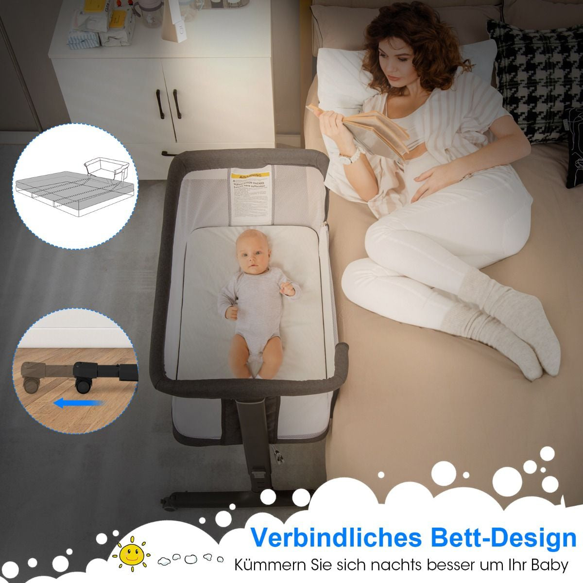 3 in 1 Babybett & Babywiege & Kinderbett Mit Matratze Beistellbett Mit Tragetasche Stubenwagen