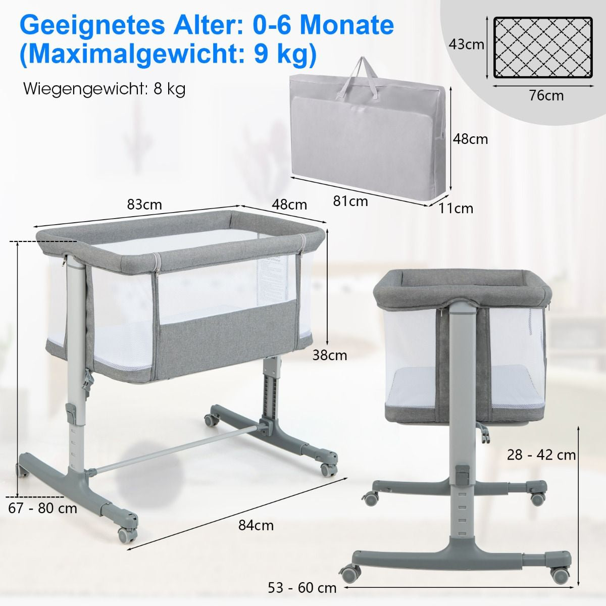 3 in 1 Babybett & Babywiege & Kinderbett Mit Matratze Beistellbett Mit Tragetasche Stubenwagen