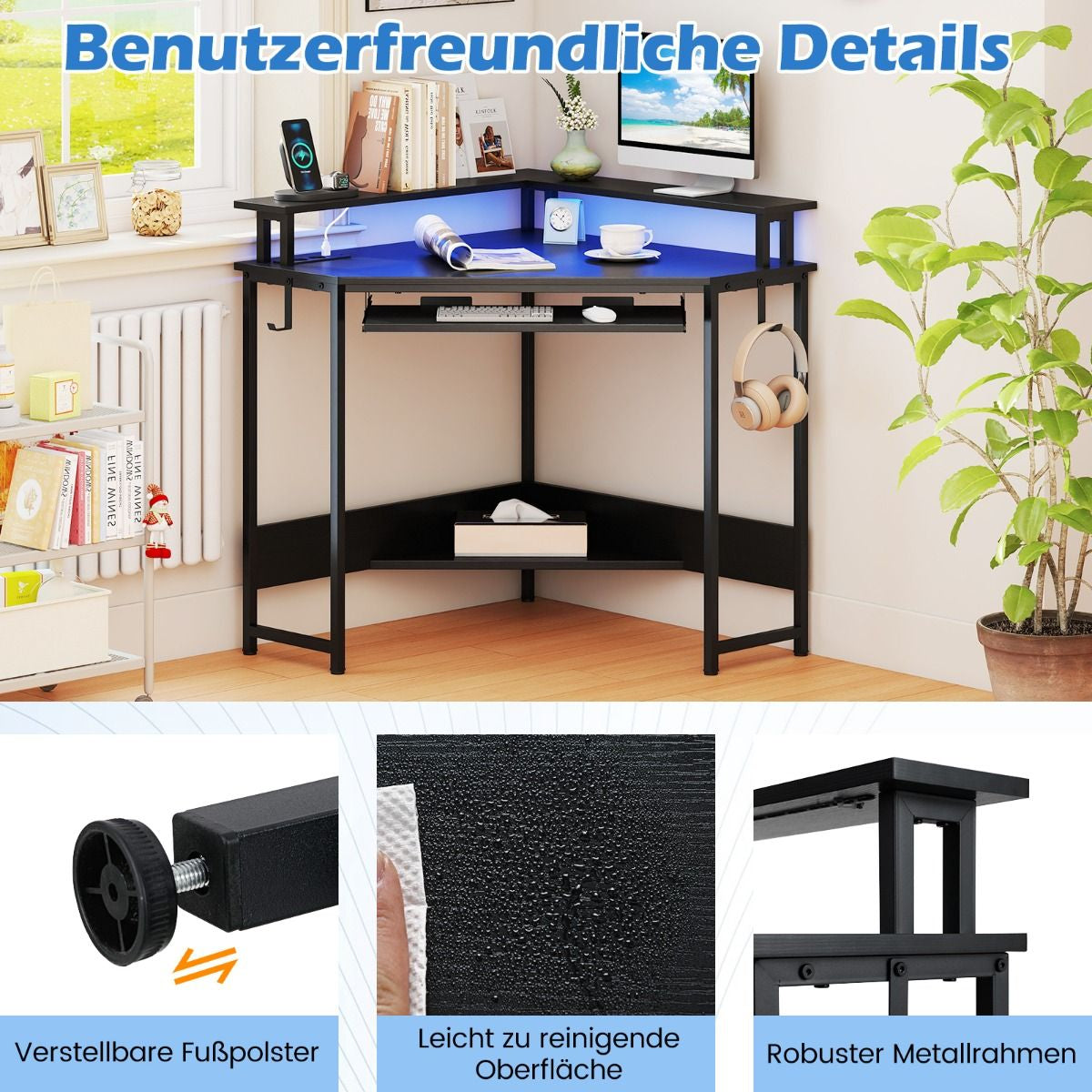 Eckschreibtisch Mit Ladestation & LED & Tastaturablage & Monitorständer Gamingtisch Schwarz