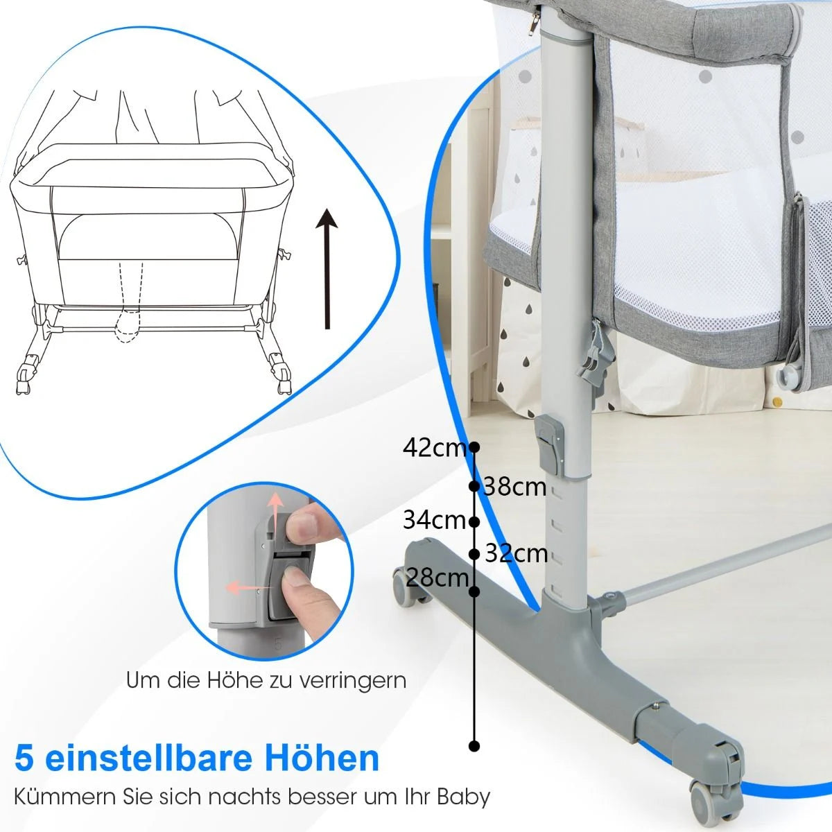 3 in 1 Babybett & Babywiege & Kinderbett Mit Matratze Beistellbett Mit Tragetasche Stubenwagen