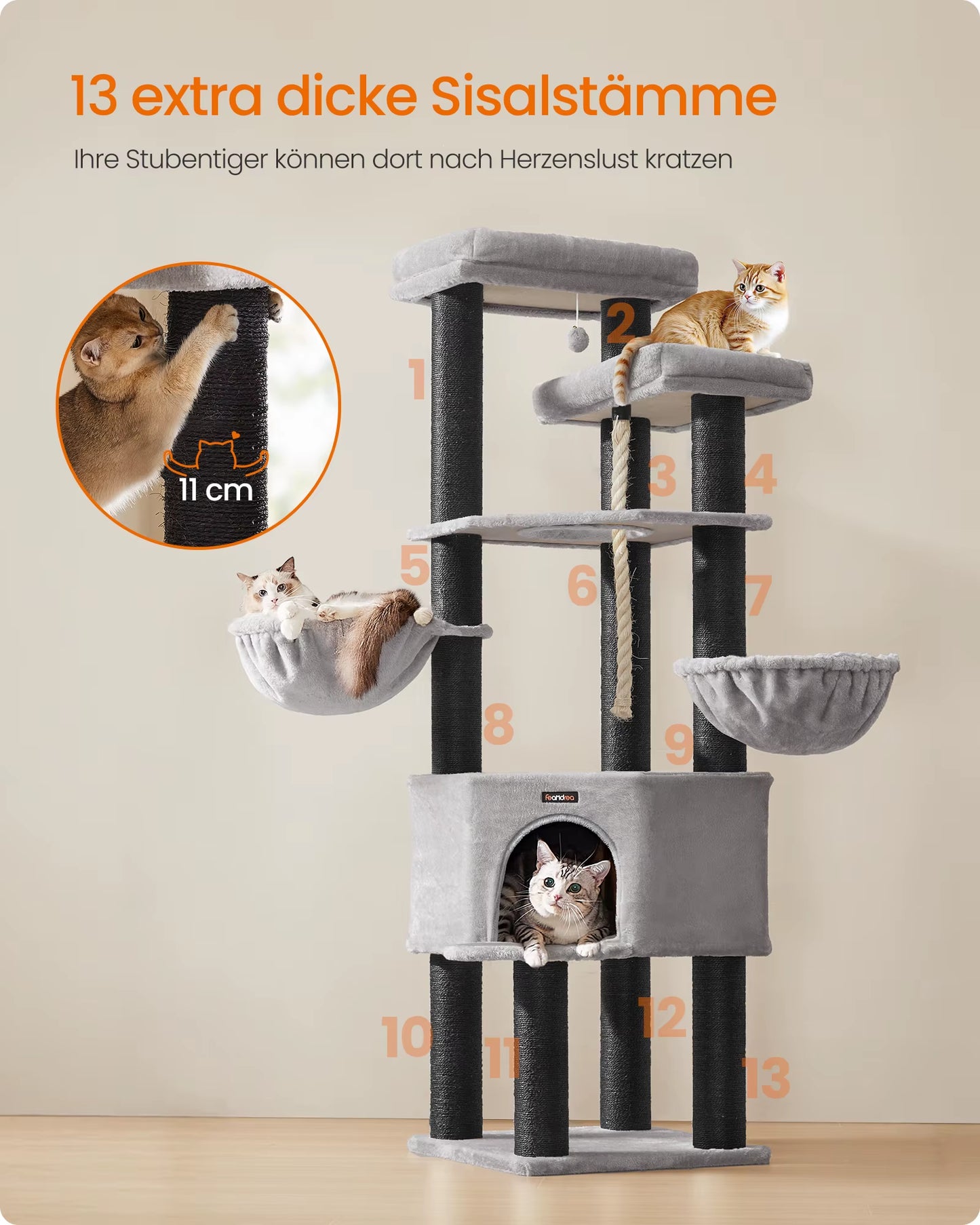 Scratching Post, Multi-Storey Cat Tree, XXL, 55X55X186.7 Cm, 11 Cm D Thickness Sisal Trunks