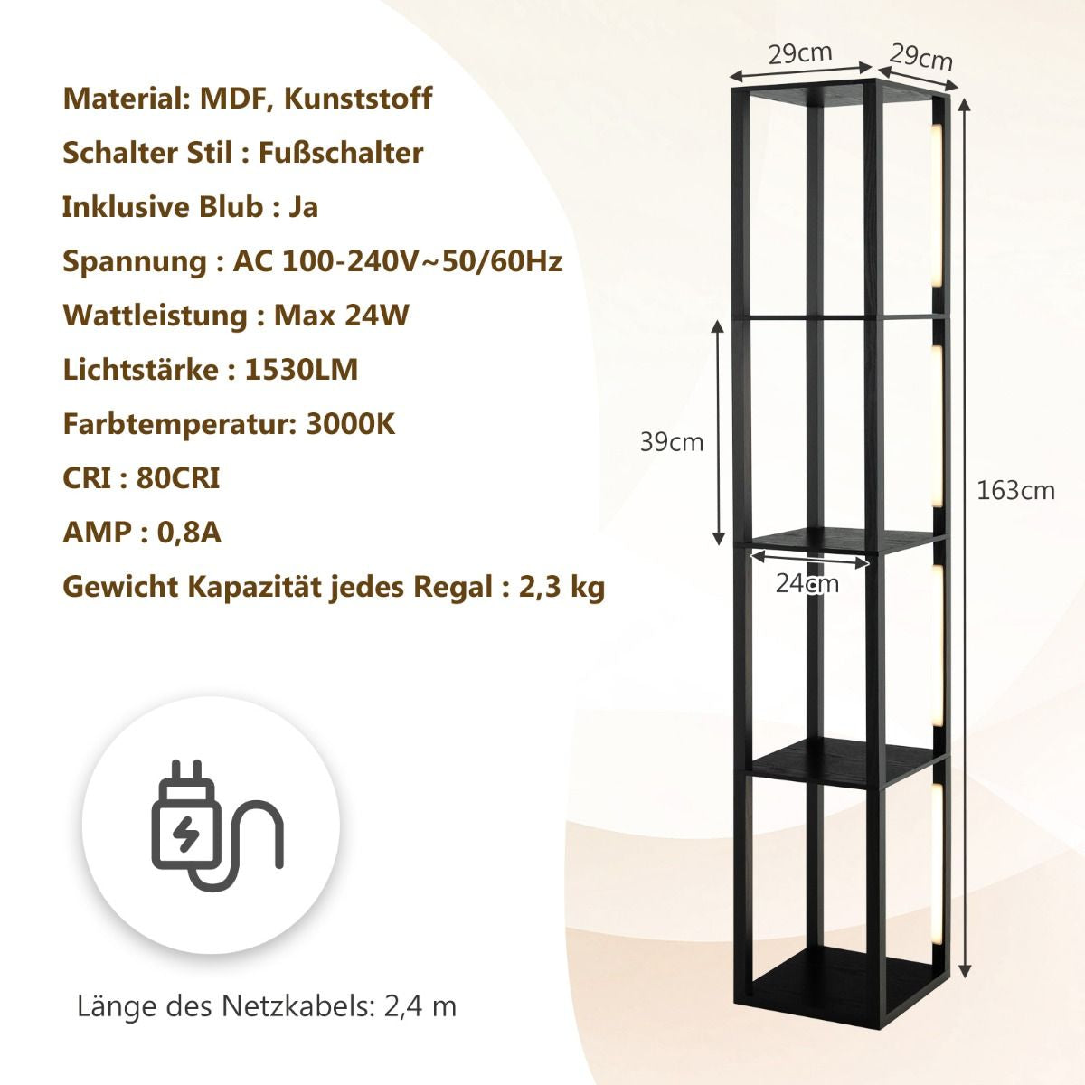 Stehlampe Modernes Beleuchtetes Ablageregal 29 X 29 X 163 Cm Schwarz