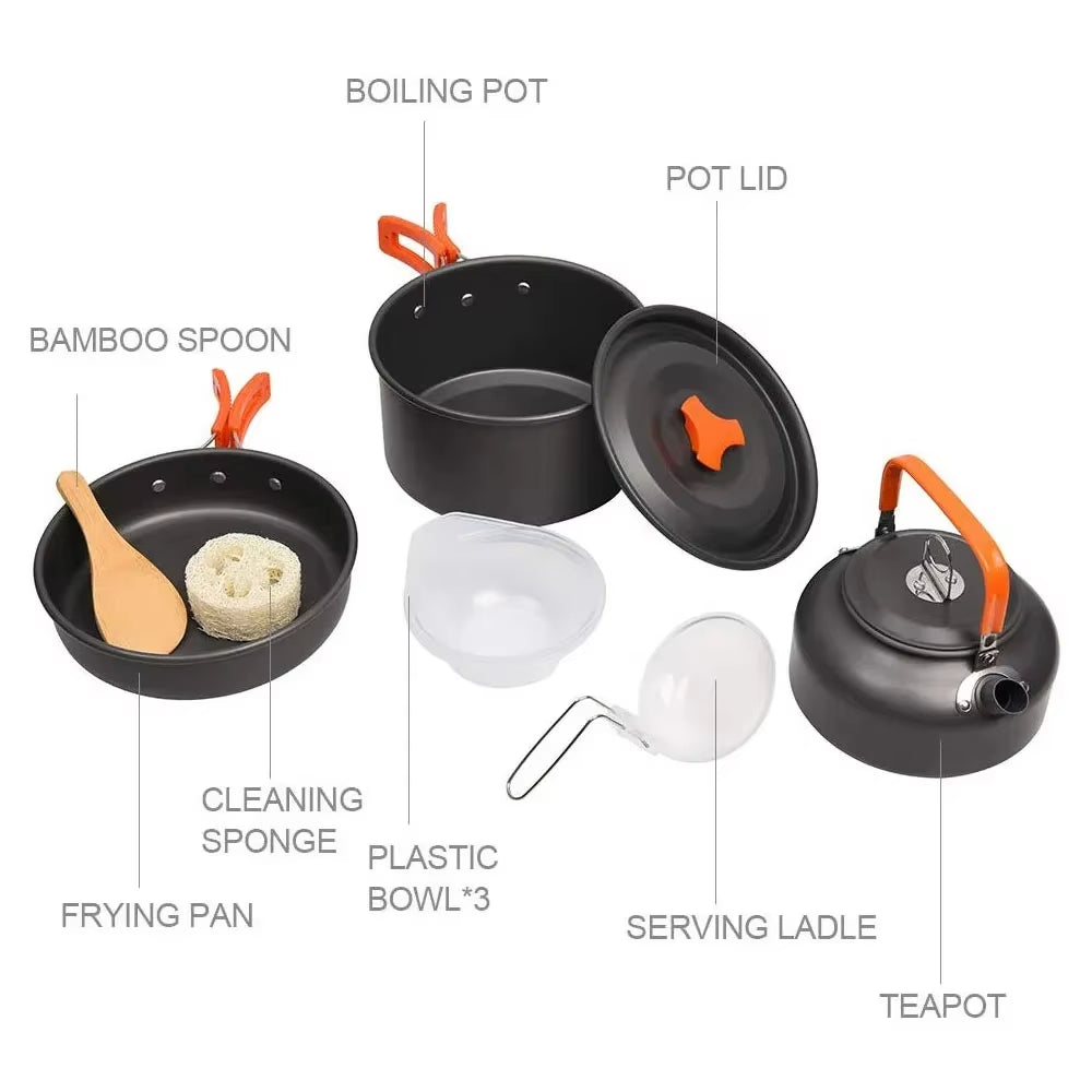 1PCS/1SET Camping Cookware Kit Outdoor Cooking Set Aluminum Pot Equipment Travel Tableware Kitchen for Hiking Picnic BBQ
