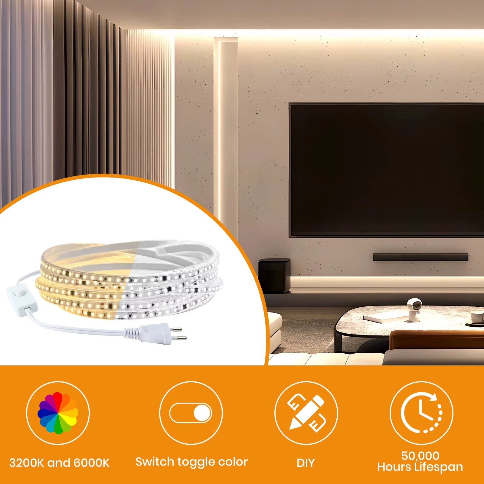 220V LED Strip Lights,120Leds/M Led Ribbon Adhesive,Flexible Outdoor Lamp Waterproof LED Tape,Kitchen,Home Room Indoor Lighting