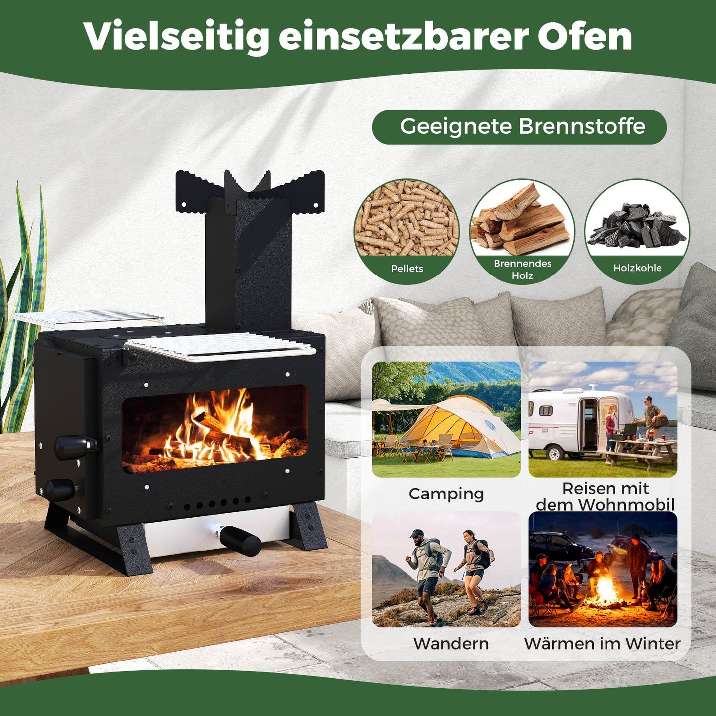 Gartenofen Zum Kochen Campingofen Mit Topfgestell & Ofenpfanne & 2 Grills Holzofen Mit Sichtfenster