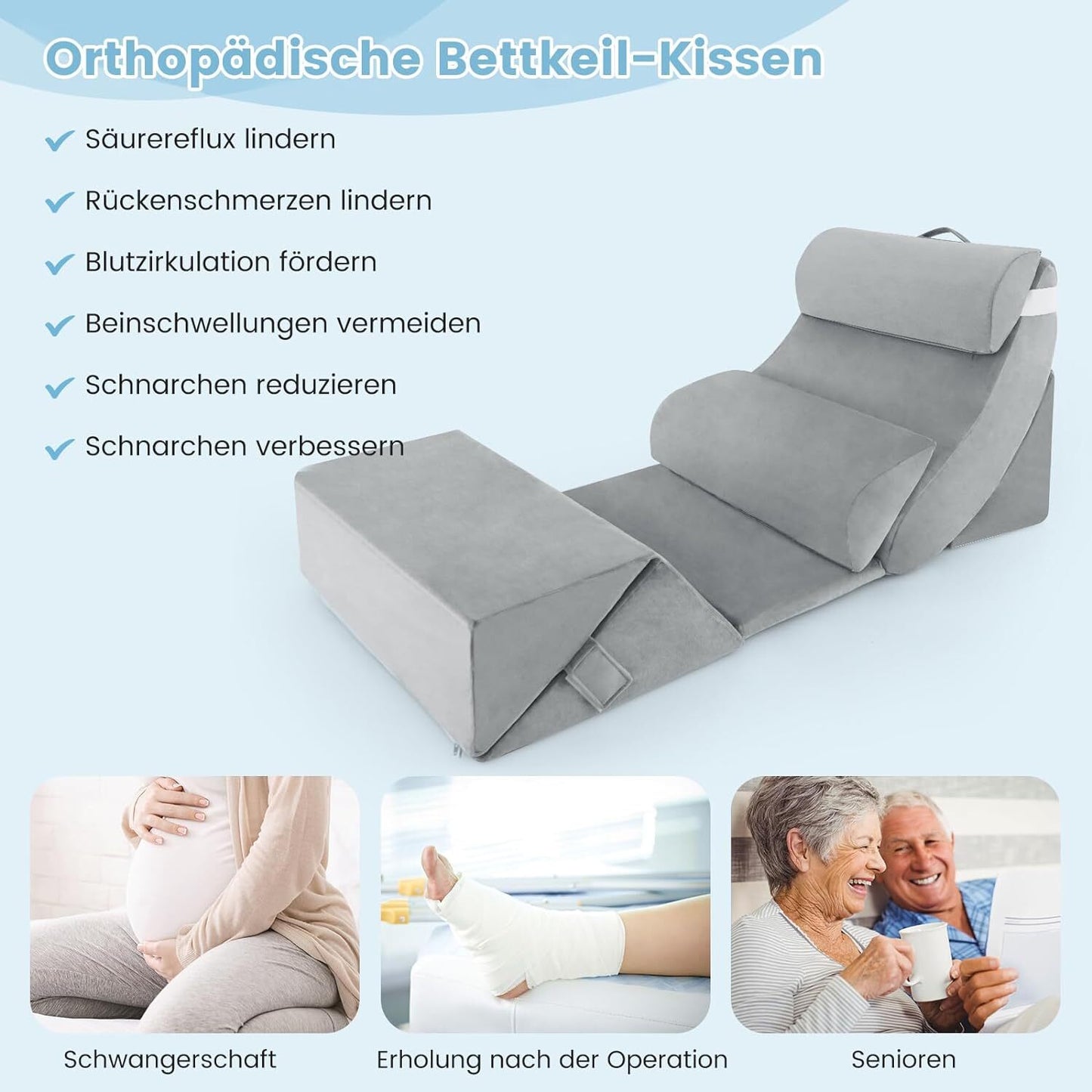 7 Tlg. Orthopädisch Keilkissen Set Lesekissen Bettkeilkissen Bezug Stützkissen