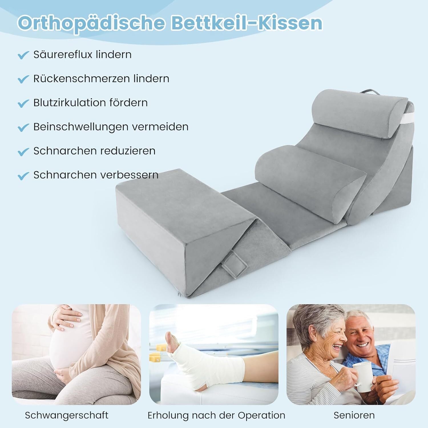 7 Tlg. Orthopädisch Keilkissen Set Lesekissen Bettkeilkissen Bezug Stützkissen