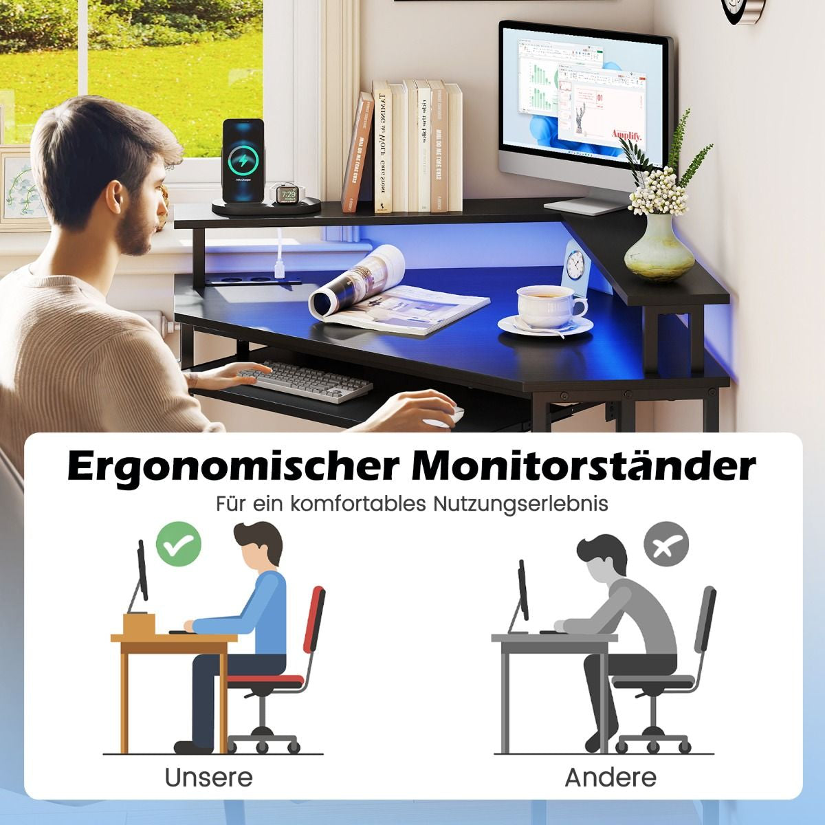 Eckschreibtisch Mit Ladestation & LED & Tastaturablage & Monitorständer Gamingtisch Schwarz