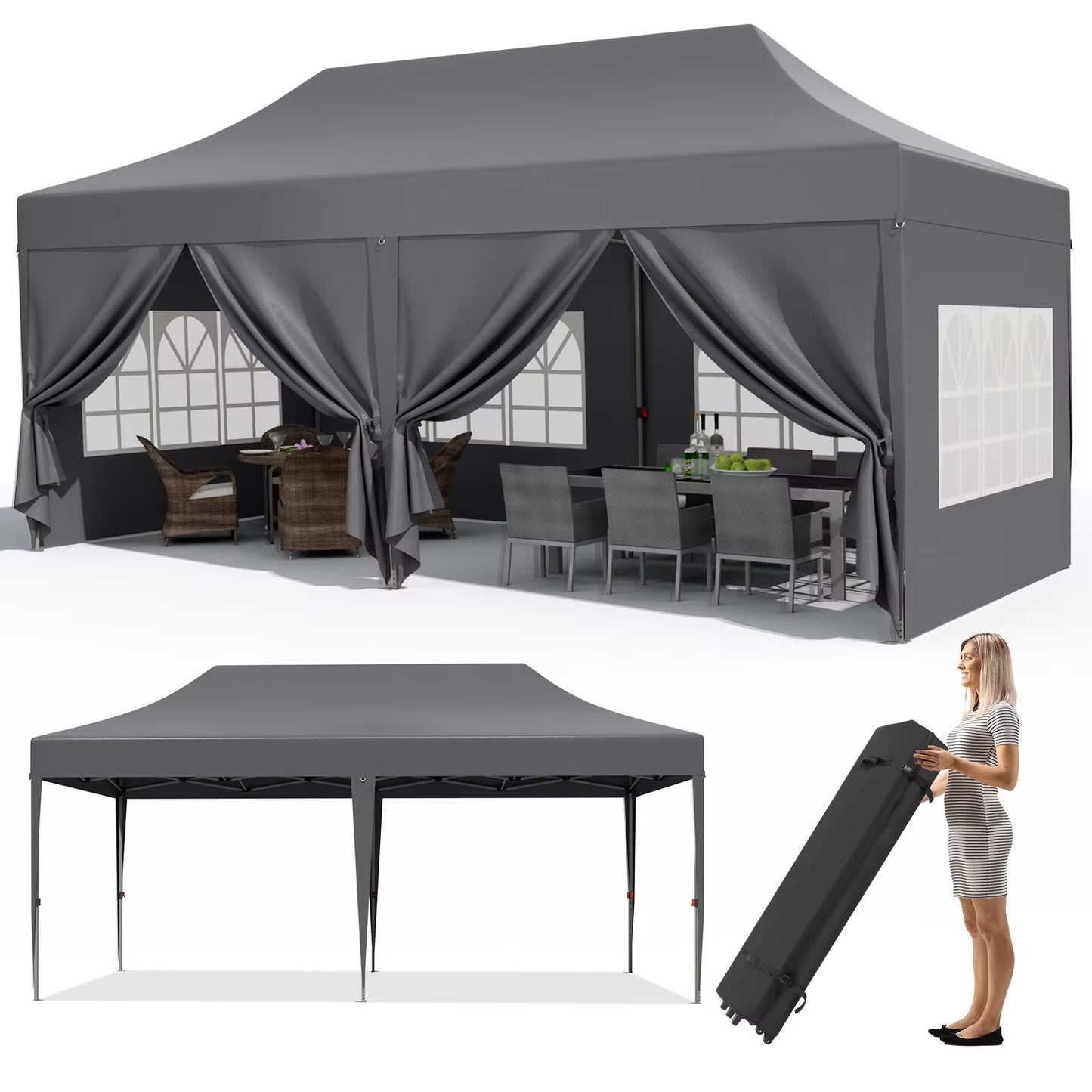 Pavilion Popup Gazebo 3X6M Waterproof Folding Gazebo Tent Party Tent with 6 Side Panels UV 50+ Height Adjustable 2-3M