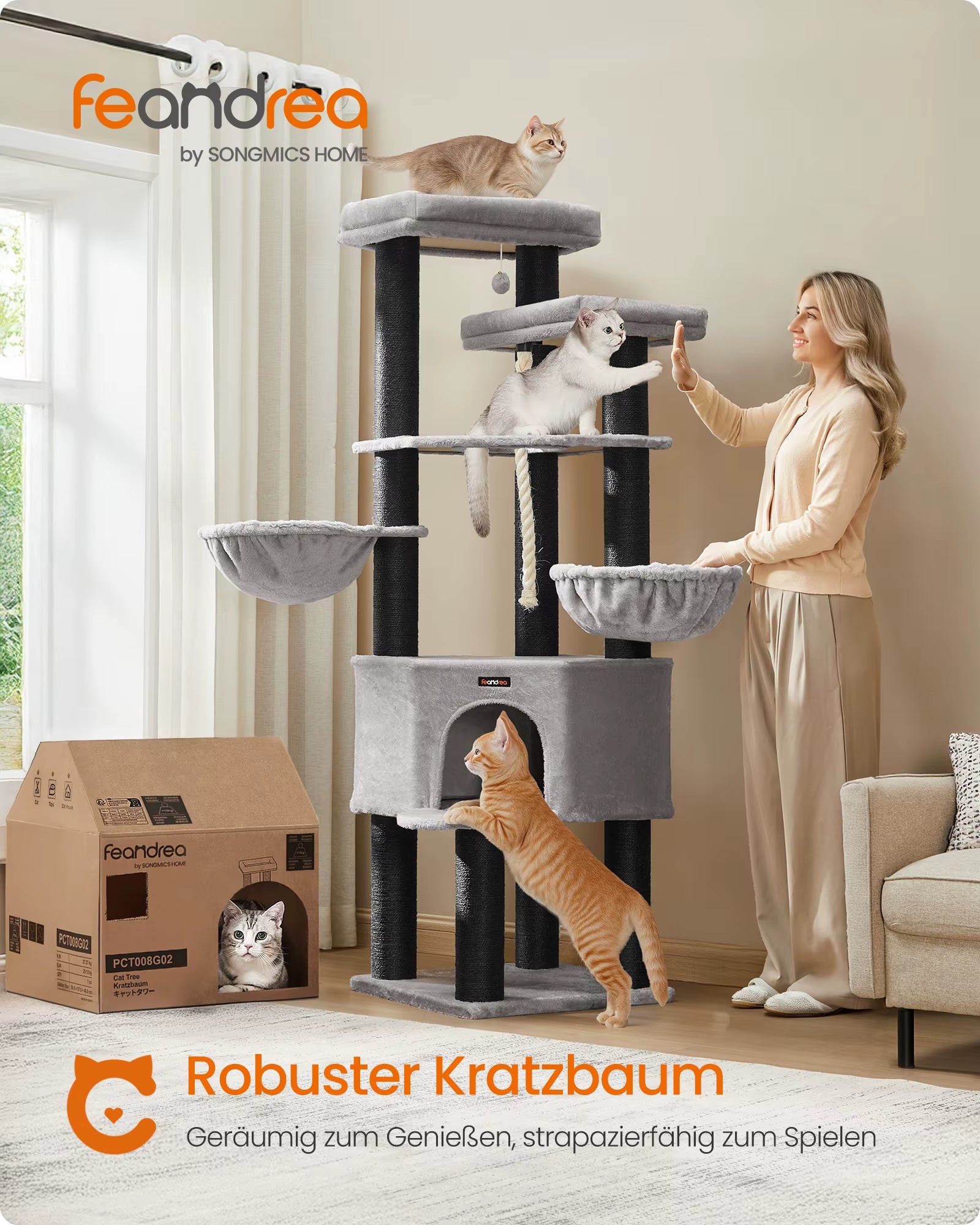 Scratching Post, Multi-Storey Cat Tree, XXL, 55X55X186.7 Cm, 11 Cm D Thickness Sisal Trunks