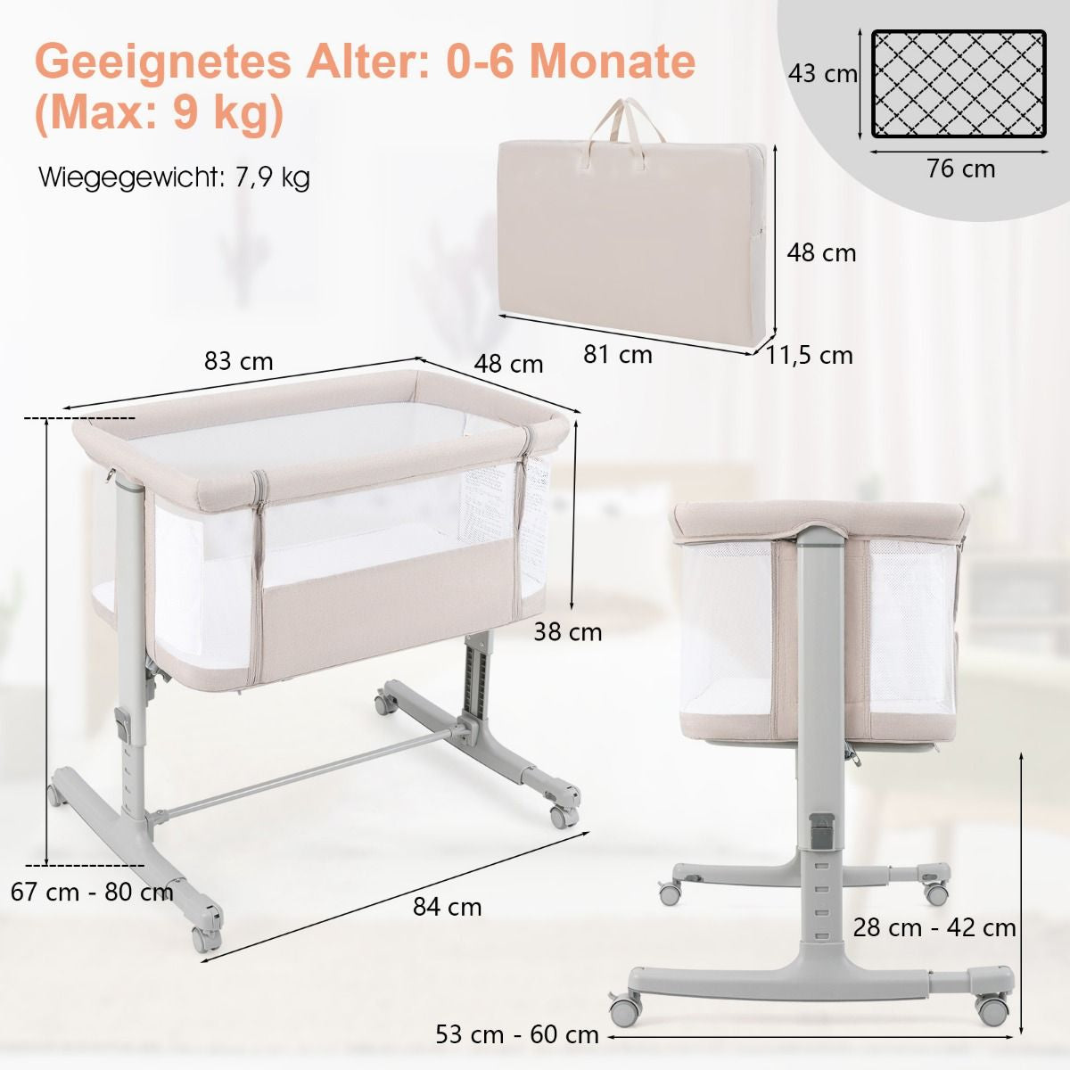 3 in 1 Babybett & Babywiege & Kinderbett Mit Matratze Beistellbett Mit Tragetasche Stubenwagen