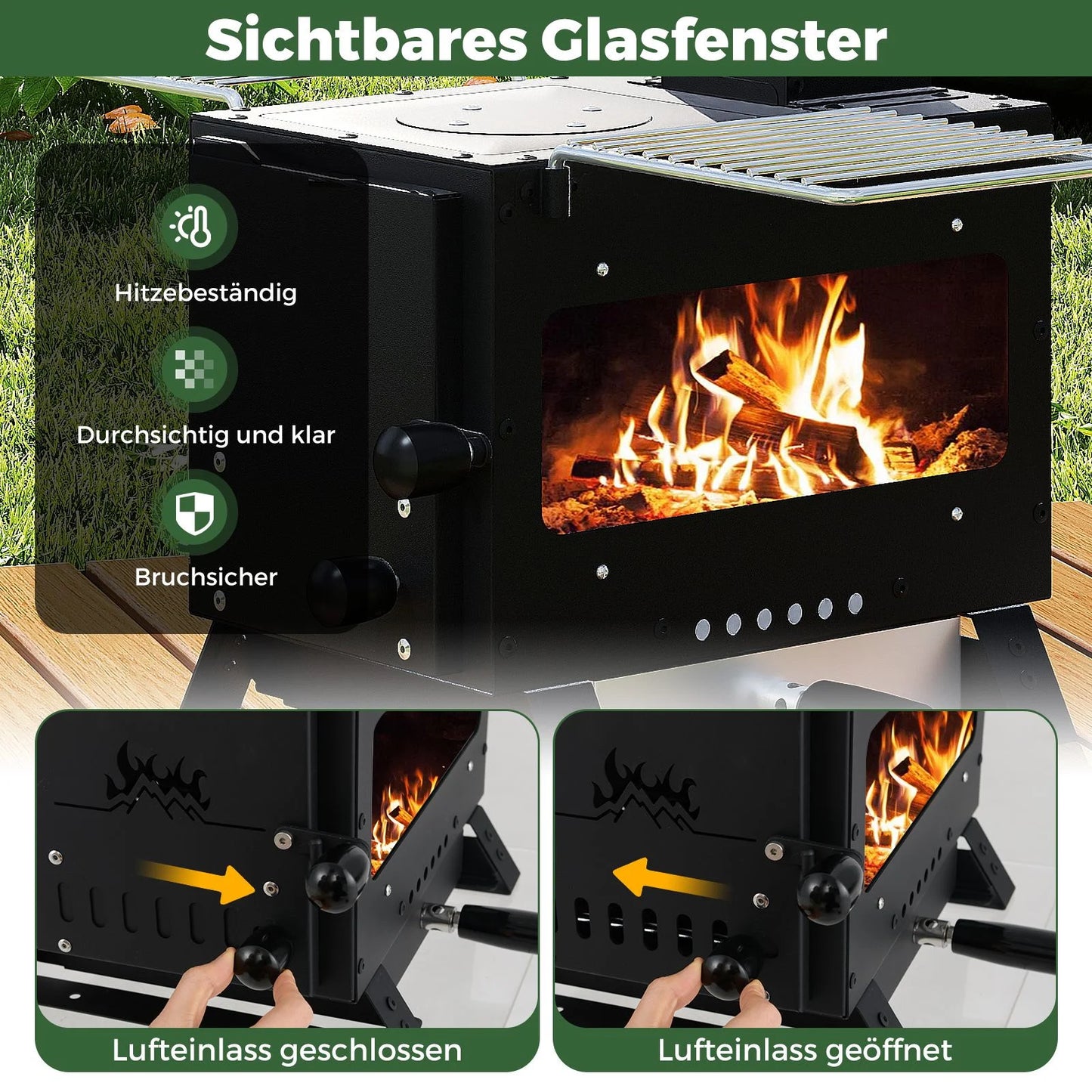 Gartenofen Zum Kochen Campingofen Mit Topfgestell & Ofenpfanne & 2 Grills Holzofen Mit Sichtfenster