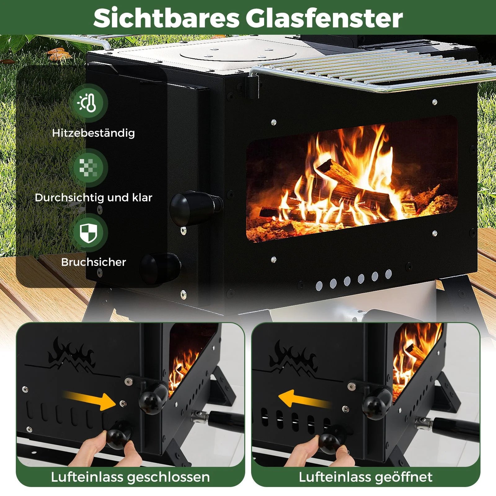 Gartenofen Zum Kochen Campingofen Mit Topfgestell & Ofenpfanne & 2 Grills Holzofen Mit Sichtfenster