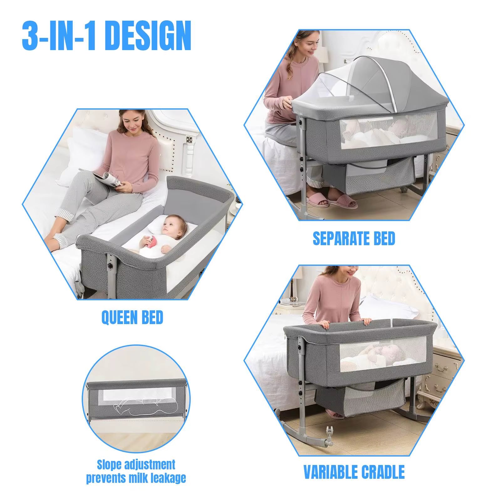 Baby Crib 3 in 1 Baby Bed Bedside Crib Baby Playpen 0-3 Years Child Multi-Function Folding and Lifting with Mosquito Net & Wheel