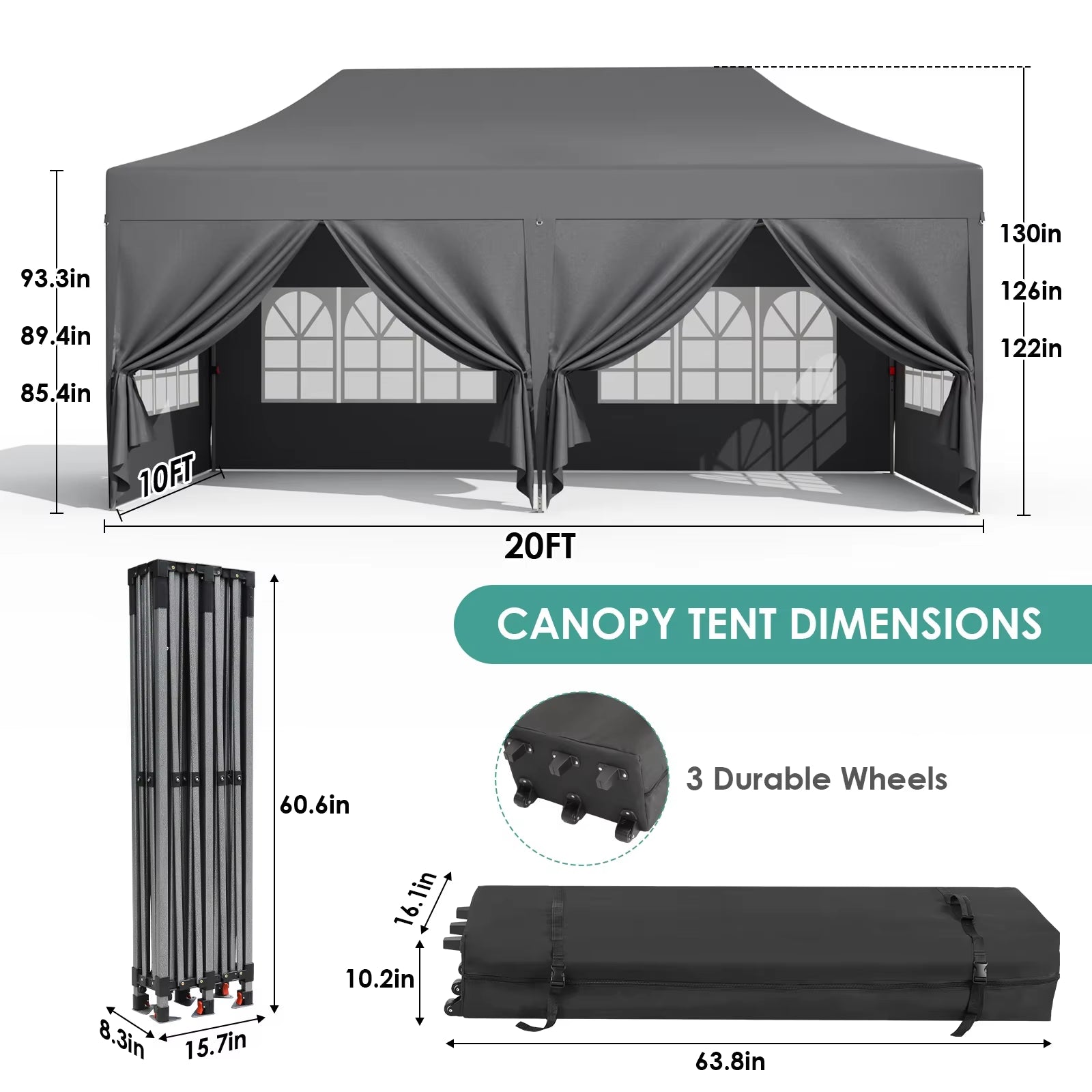 Pavilion Popup Gazebo 3X6M Waterproof Folding Gazebo Tent Party Tent with 6 Side Panels UV 50+ Height Adjustable 2-3M