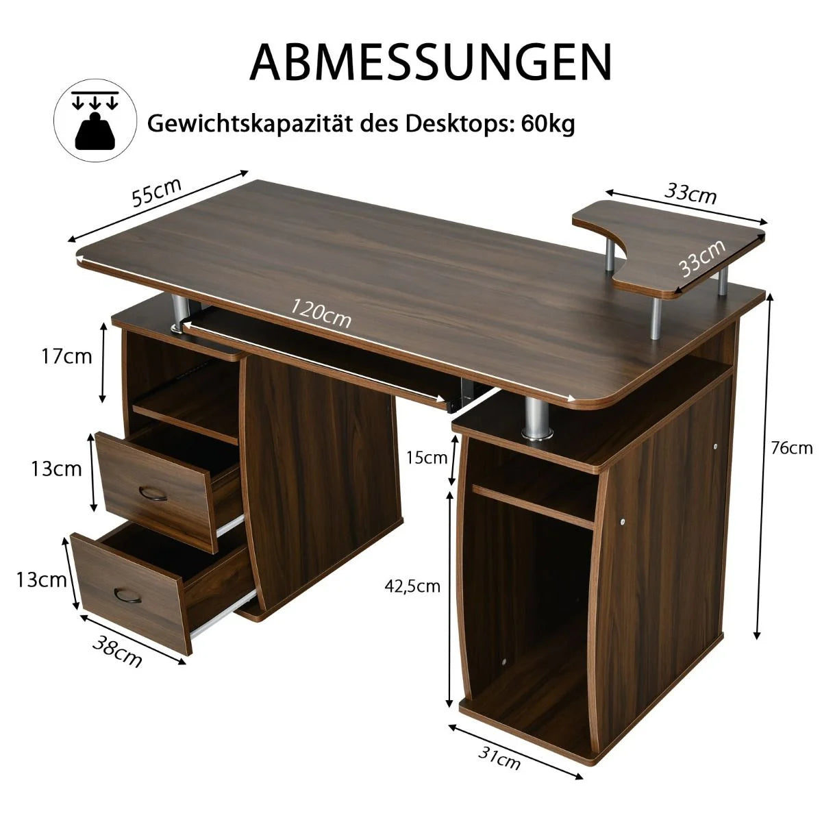 Schreibtisch Computertisch Bürotisch Mit Druckerablage Tastaturauszug