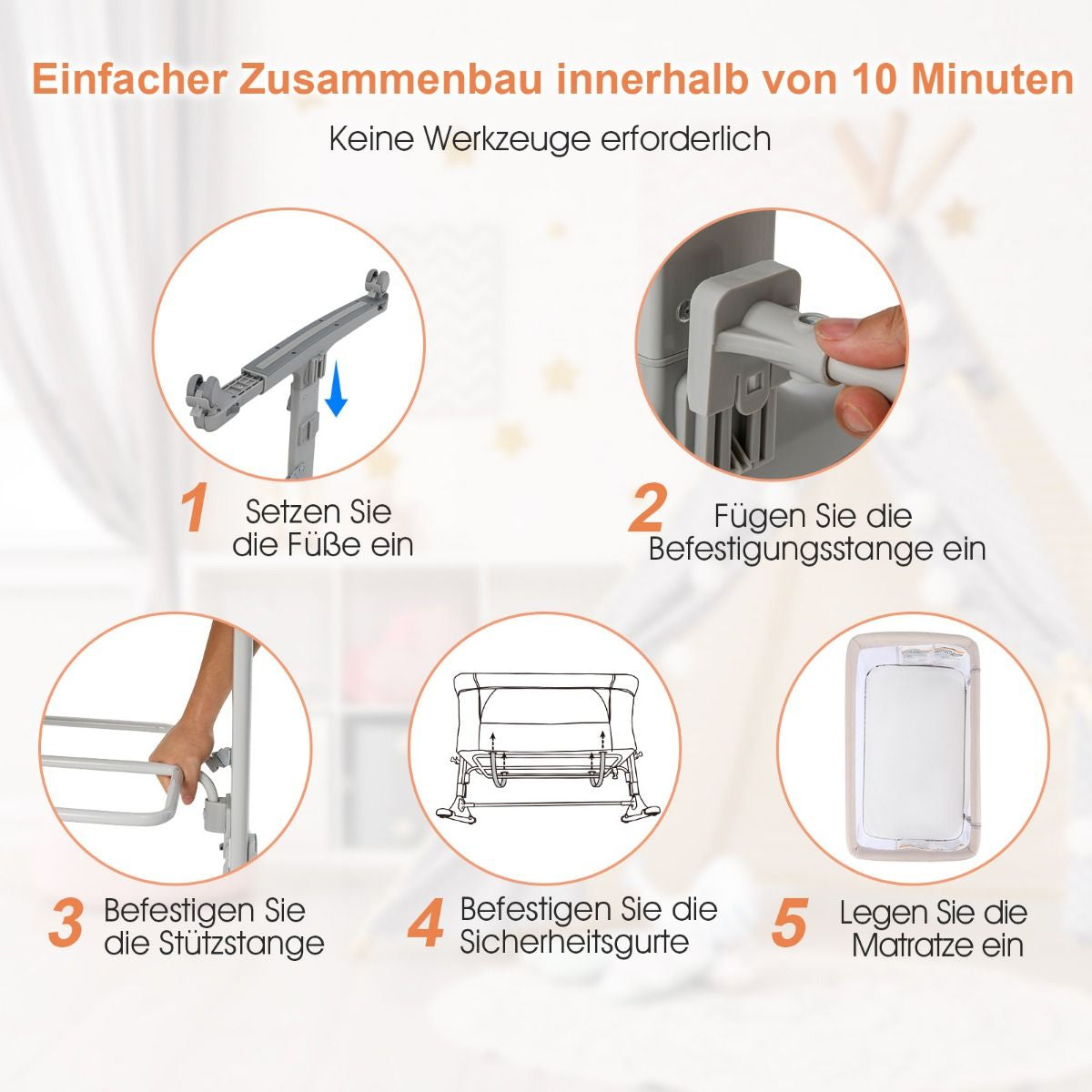 3 in 1 Babybett & Babywiege & Kinderbett Mit Matratze Beistellbett Mit Tragetasche Stubenwagen