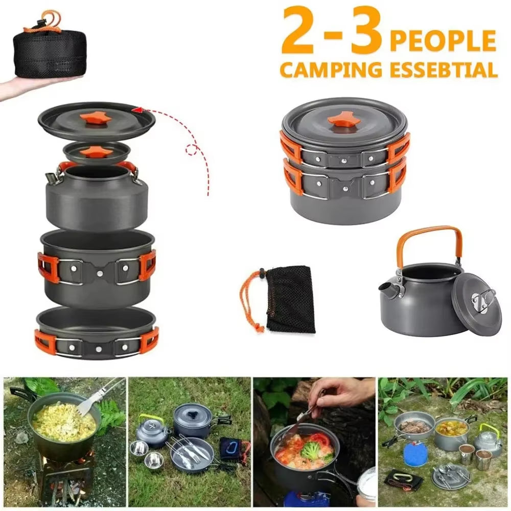 1PCS/1SET Camping Cookware Kit Outdoor Cooking Set Aluminum Pot Equipment Travel Tableware Kitchen for Hiking Picnic BBQ