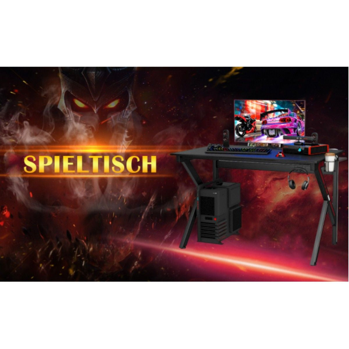 K-Förmiger Gamingtisch Mit Kopfhörerhaken Tassenhalter Und Kabelmanagement Ergonomischer Computertisch Schwarz