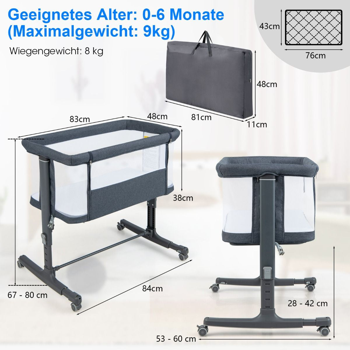 3 in 1 Babybett & Babywiege & Kinderbett Mit Matratze Beistellbett Mit Tragetasche Stubenwagen