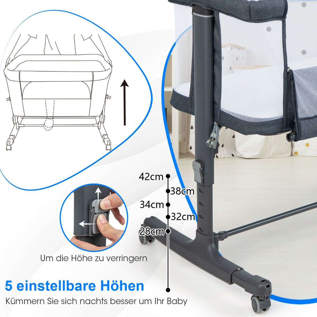3 in 1 Babybett & Babywiege & Kinderbett Mit Matratze Beistellbett Mit Tragetasche Stubenwagen