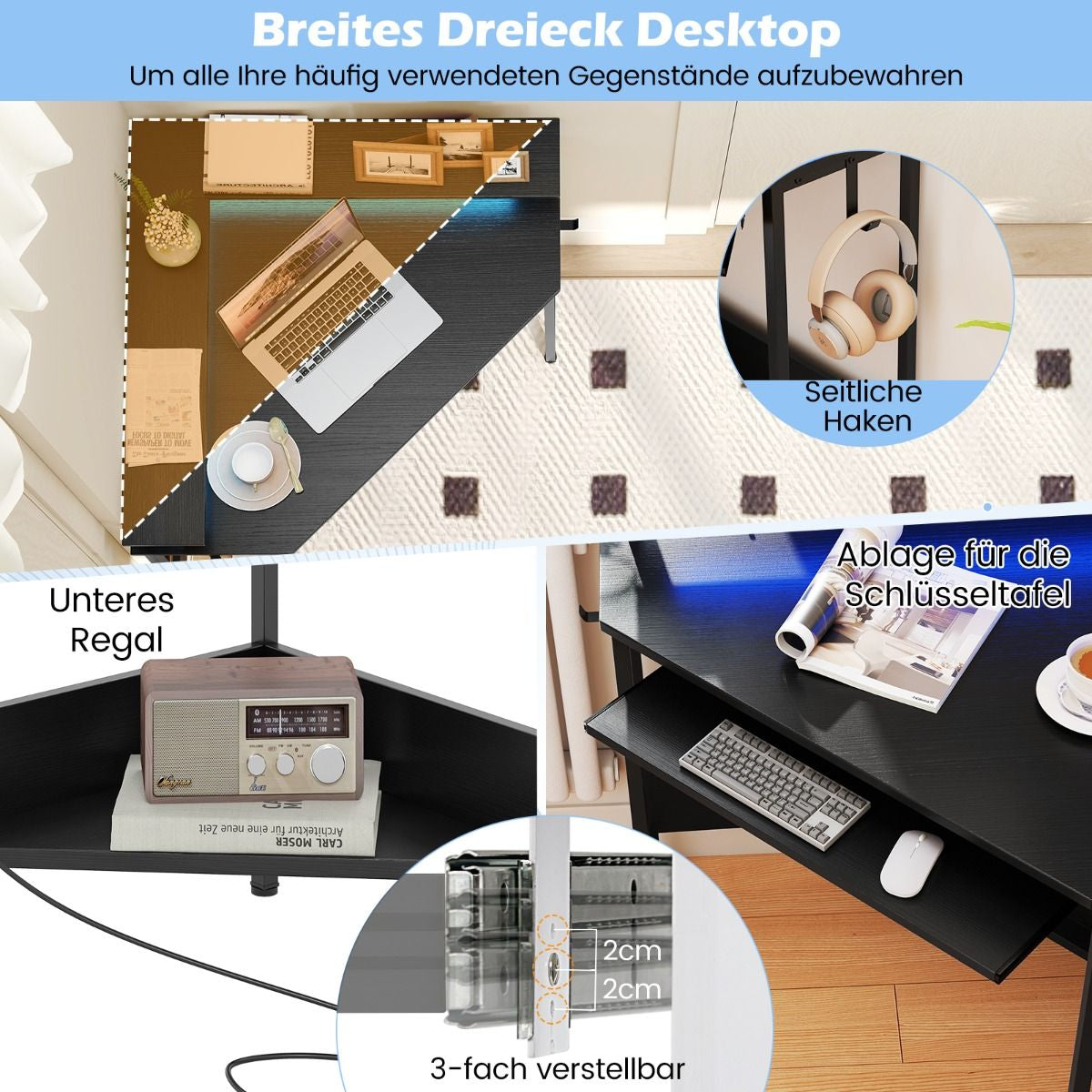 Eckschreibtisch Mit Ladestation & LED & Tastaturablage & Monitorständer Gamingtisch Schwarz
