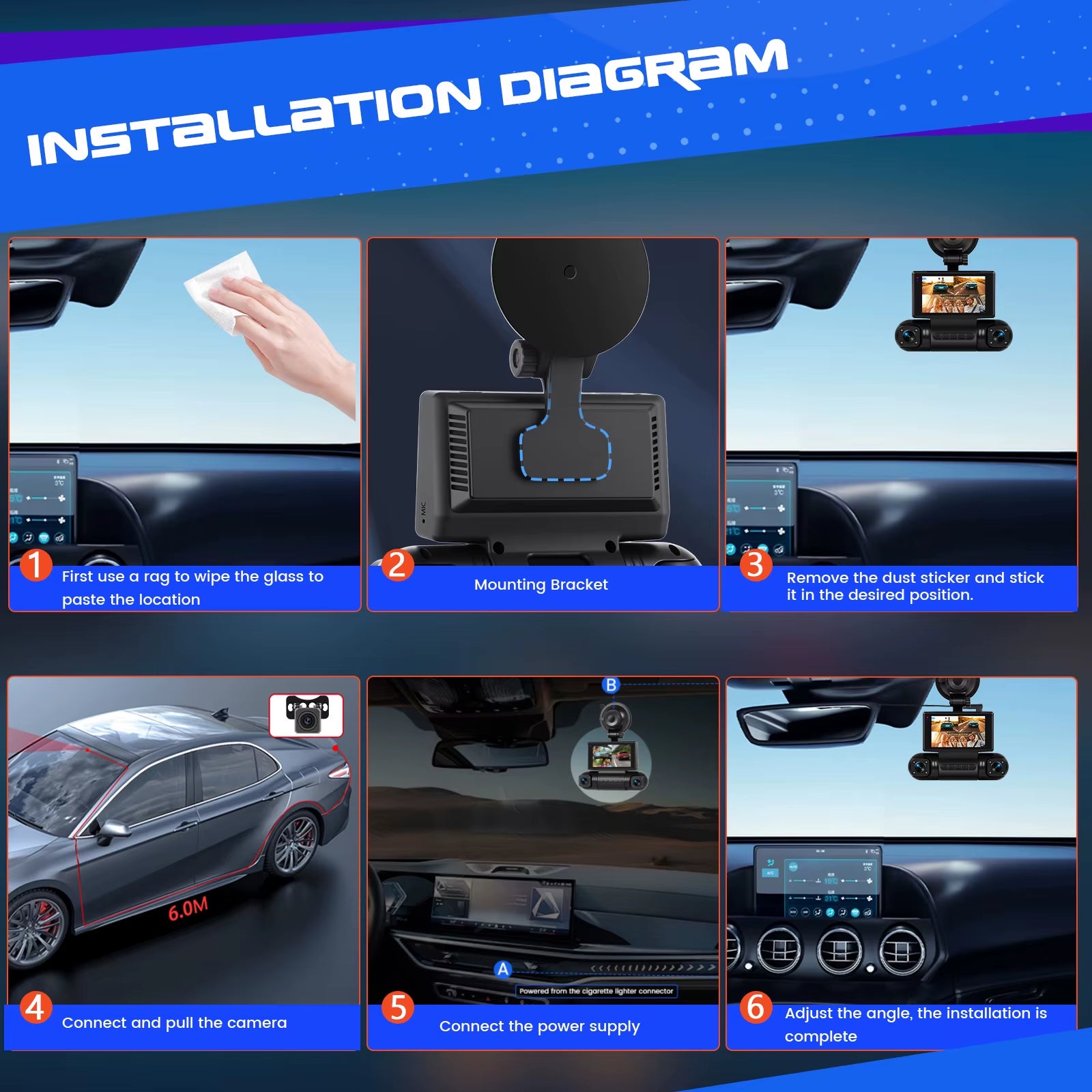 3Inch 2K Car Dash Cam Car DVR 4 Lenses Recorder Driving Recorder with Gravity Sensor Night Vision Motion Detection