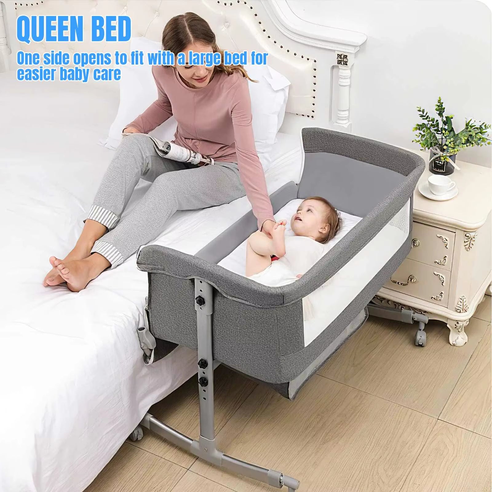 Baby Crib 3 in 1 Baby Bed Bedside Crib Baby Playpen 0-3 Years Child Multi-Function Folding and Lifting with Mosquito Net & Wheel
