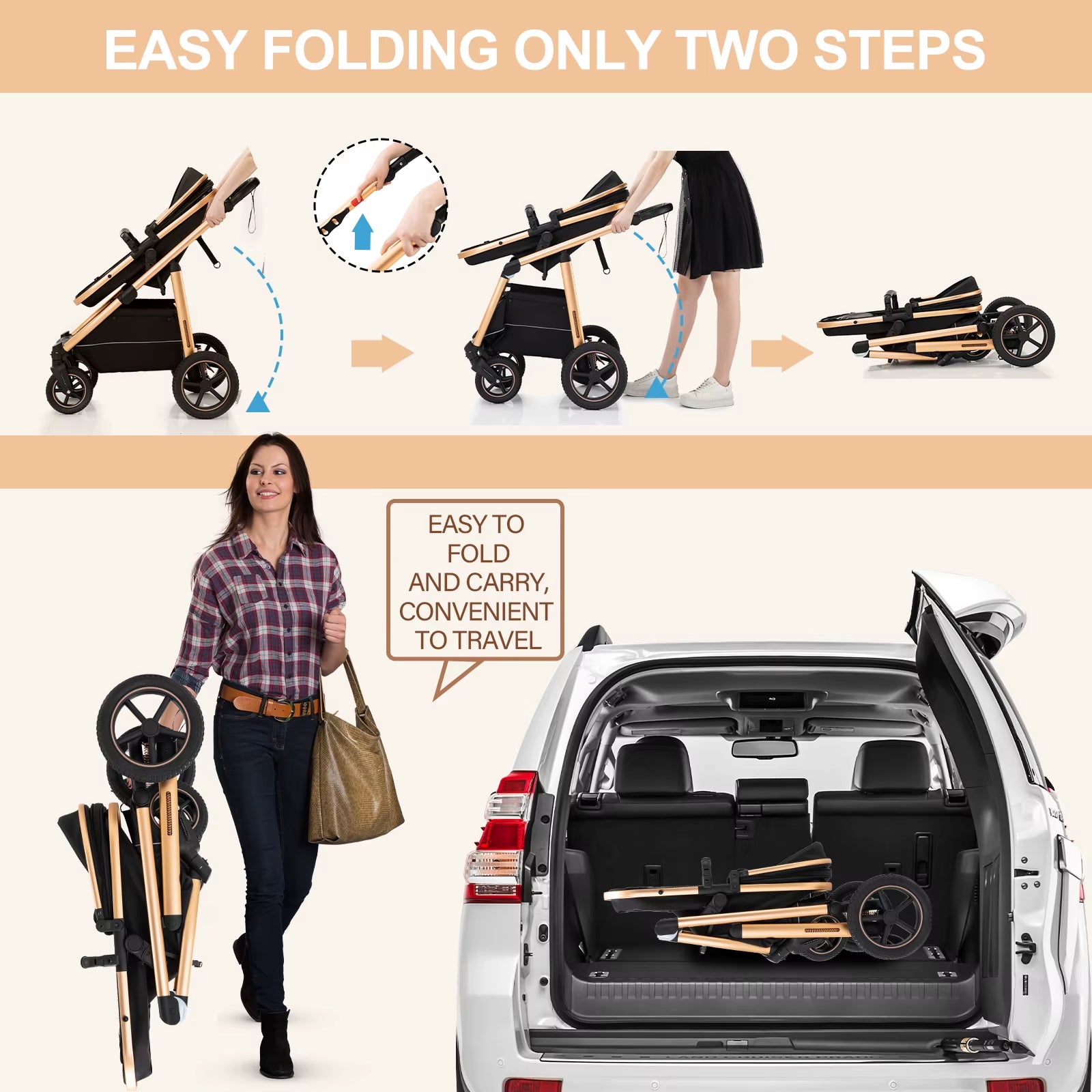 Baby Stroller 3 in 1 Easy Folding Multifunctional Stroller Travel Portable Baby Carriage Safety Seat EU Standard