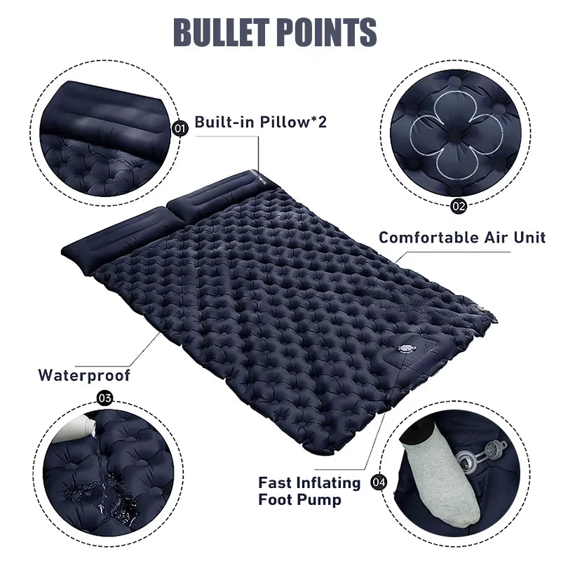 WESTTUNE Double Inflatable Mattress with Built-In Pillow Pump Outdoor Sleeping Pad Camping Air Mat for Travel Backpacking Hiking