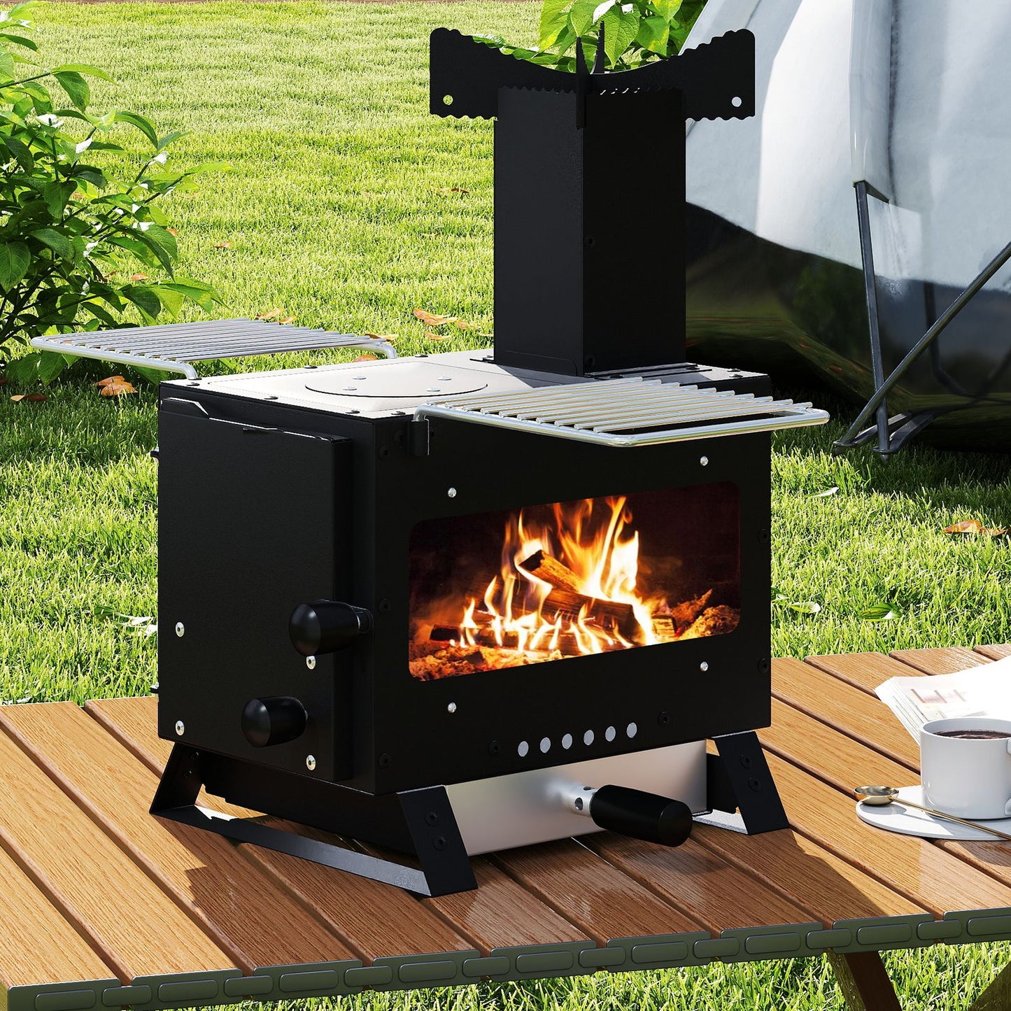 Gartenofen Zum Kochen Campingofen Mit Topfgestell & Ofenpfanne & 2 Grills Holzofen Mit Sichtfenster