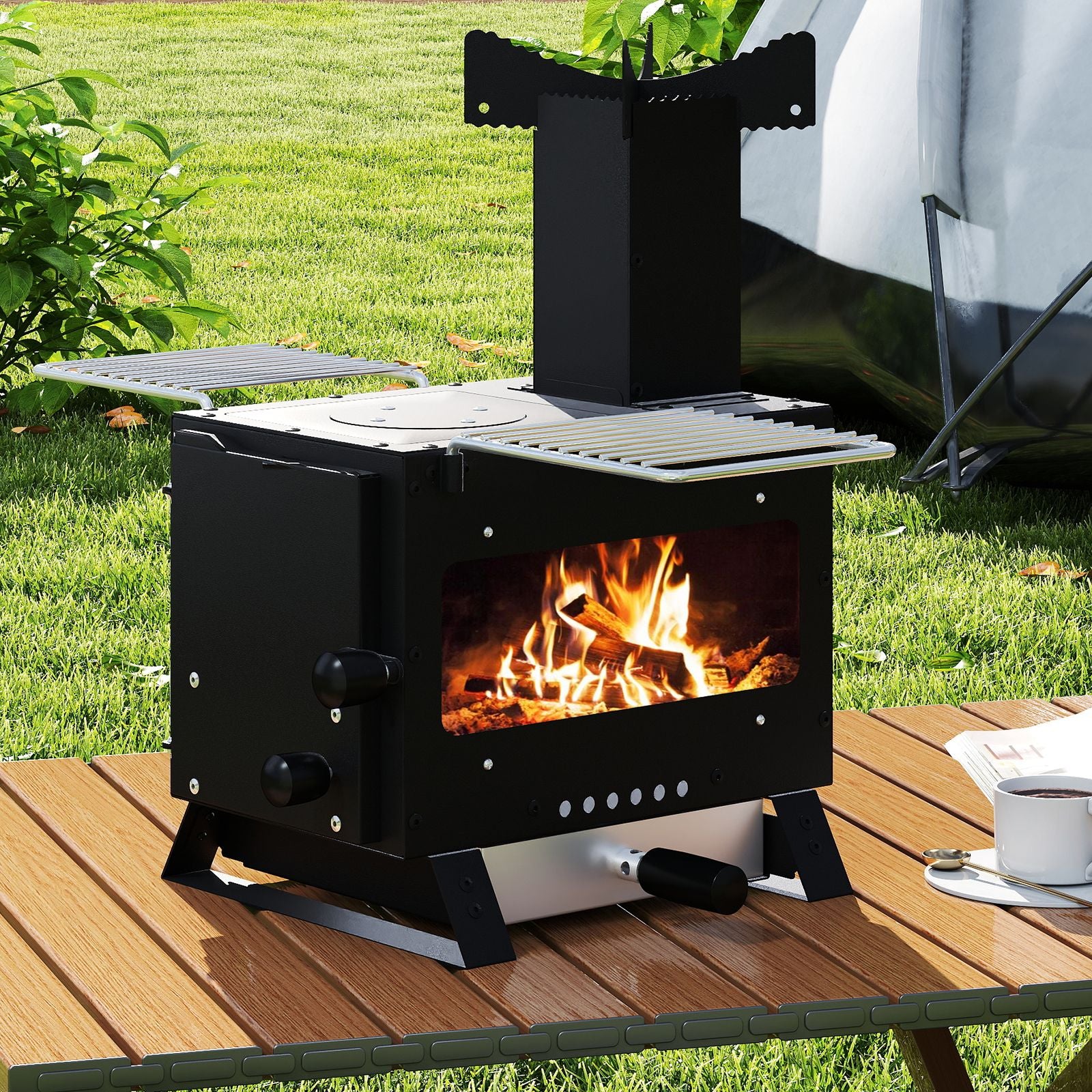 Gartenofen Zum Kochen Campingofen Mit Topfgestell & Ofenpfanne & 2 Grills Holzofen Mit Sichtfenster