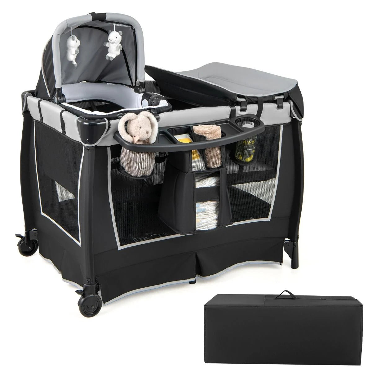 6-In-1 Baby Reisebett Tragbarer Baby-Laufstall Mit Schaukelwiege Wickeltisch Grün/Grau