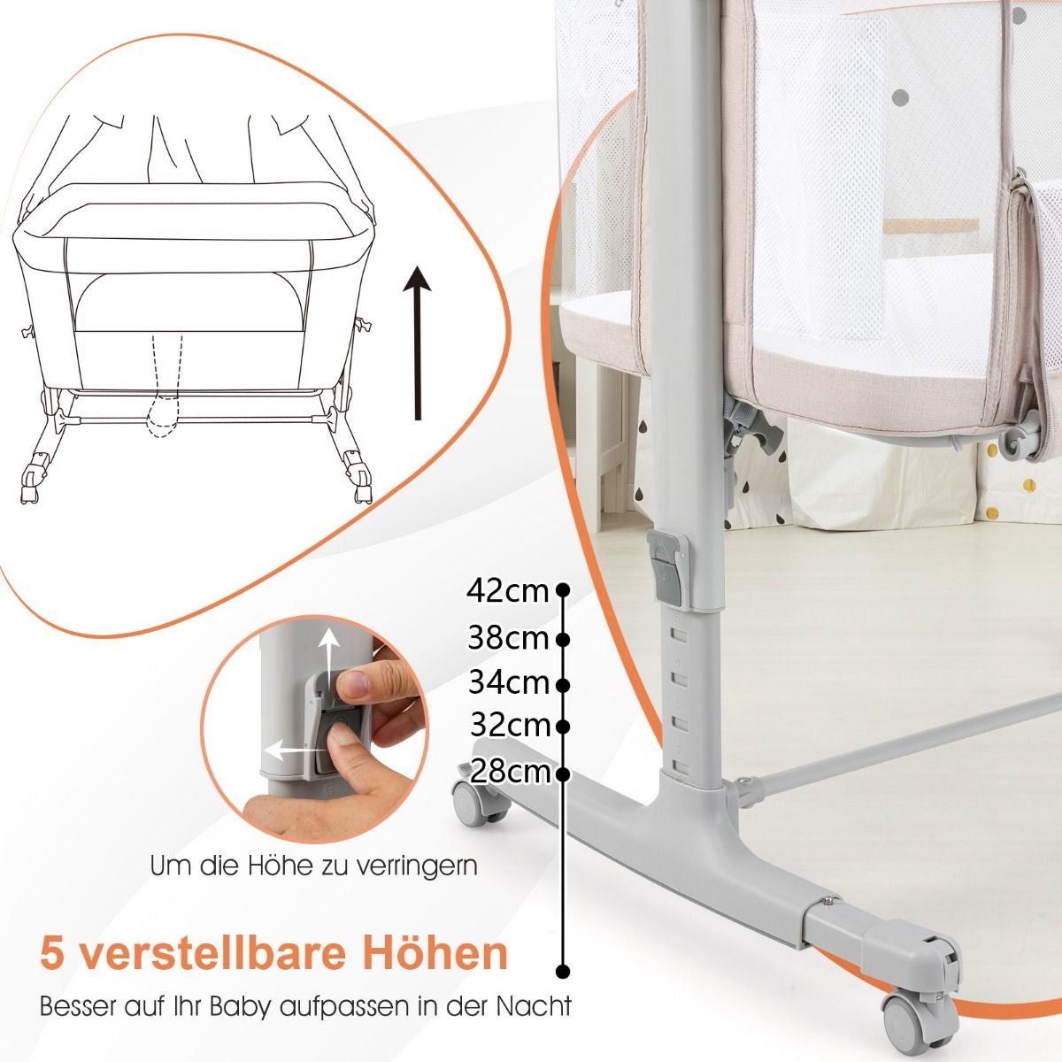 3 in 1 Babybett & Babywiege & Kinderbett Mit Matratze Beistellbett Mit Tragetasche Stubenwagen