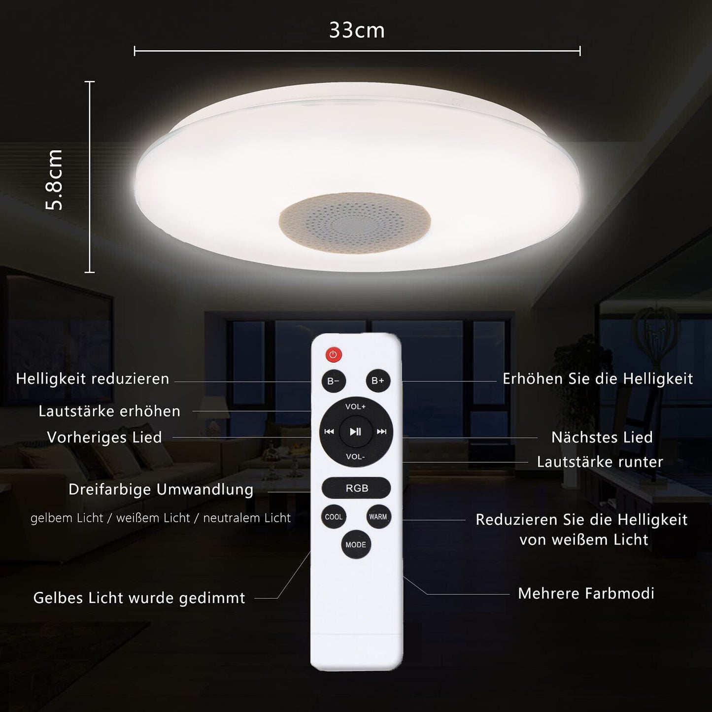 48W Mit Fernbedienung LED Deckenleuchte Dimmbar Deckenlampe Wohnzimmer Badlampe