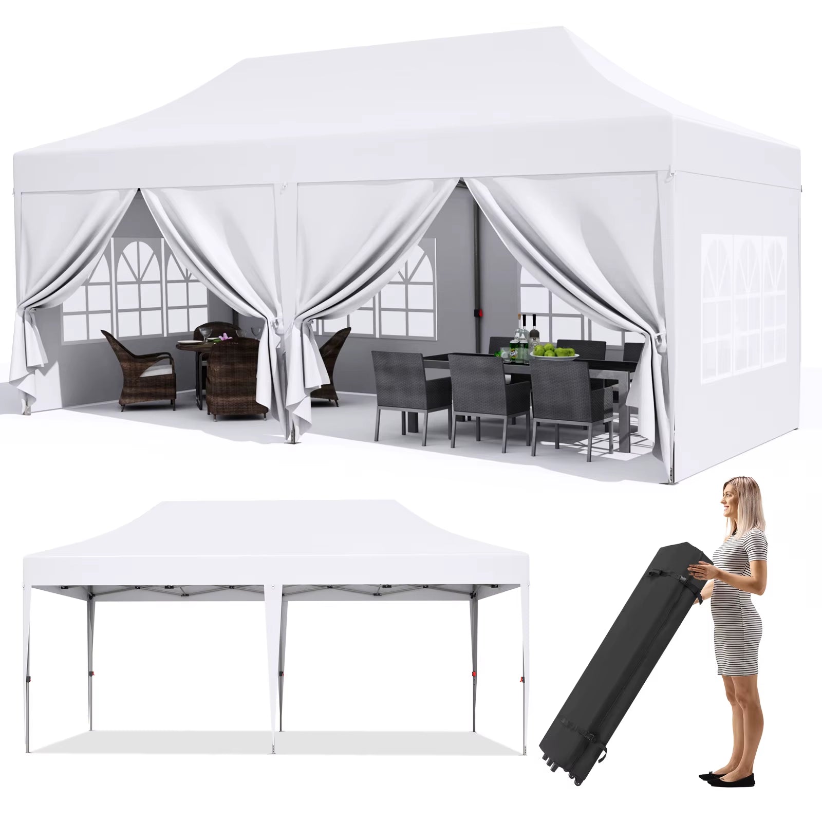 Pavilion Popup Gazebo 3X6M Waterproof Folding Gazebo Tent Party Tent with 6 Side Panels UV 50+ Height Adjustable 2-3M