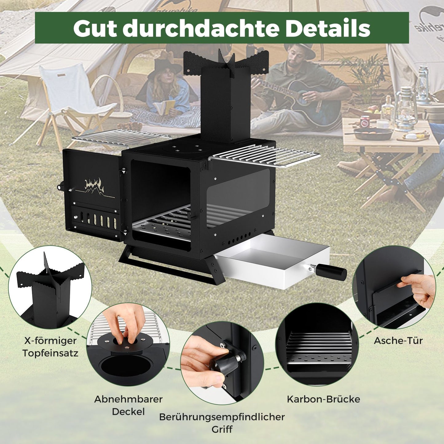 Gartenofen Zum Kochen Campingofen Mit Topfgestell & Ofenpfanne & 2 Grills Holzofen Mit Sichtfenster