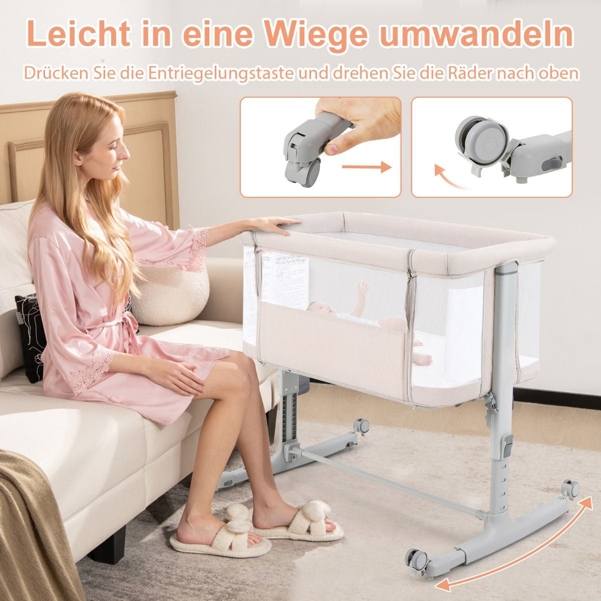 3 in 1 Babybett & Babywiege & Kinderbett Mit Matratze Beistellbett Mit Tragetasche Stubenwagen