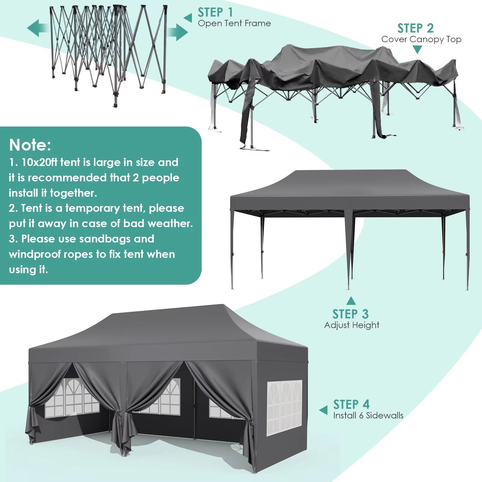 Pavilion Popup Gazebo 3X6M Waterproof Folding Gazebo Tent Party Tent with 6 Side Panels UV 50+ Height Adjustable 2-3M