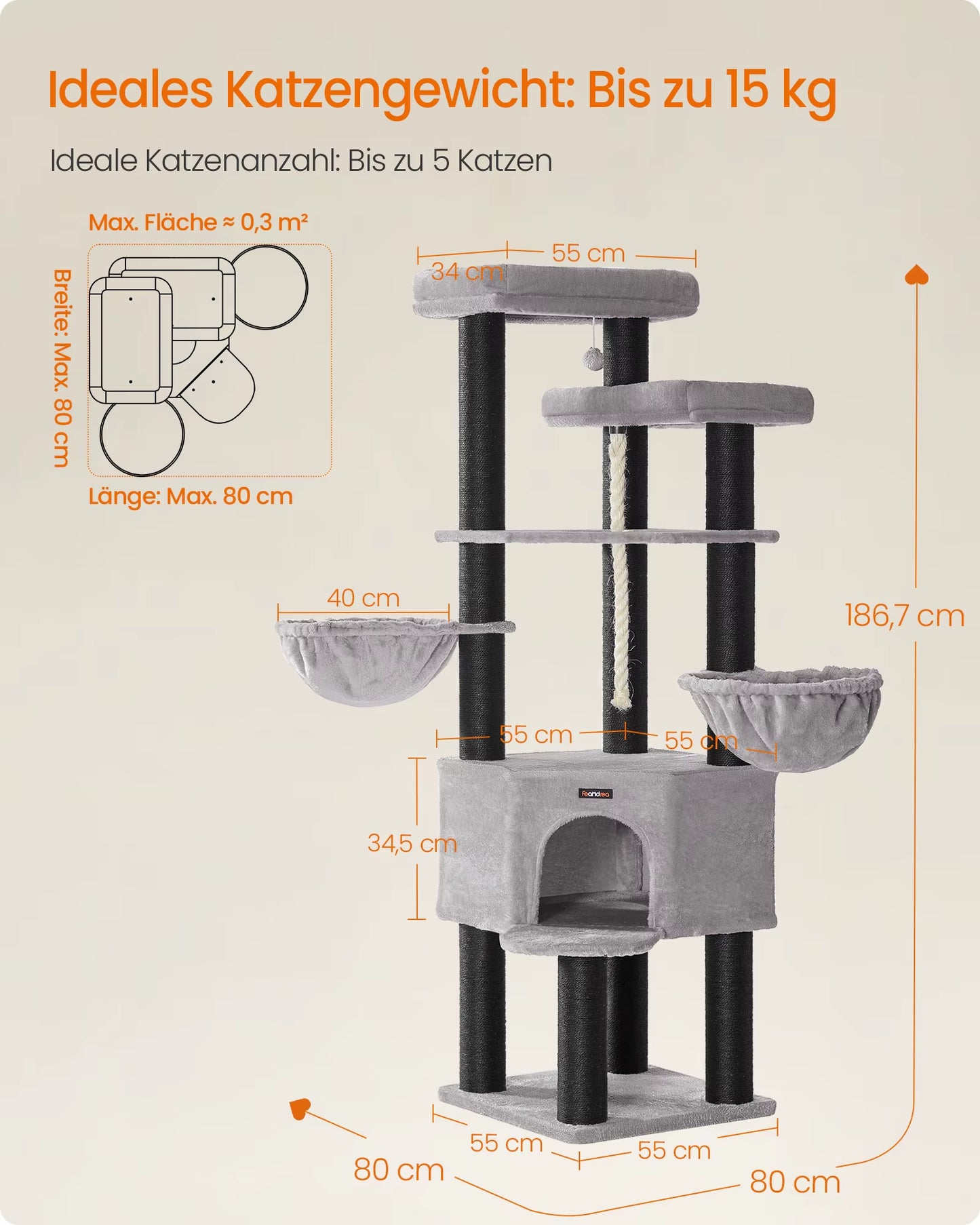 Scratching Post, Multi-Storey Cat Tree, XXL, 55X55X186.7 Cm, 11 Cm D Thickness Sisal Trunks
