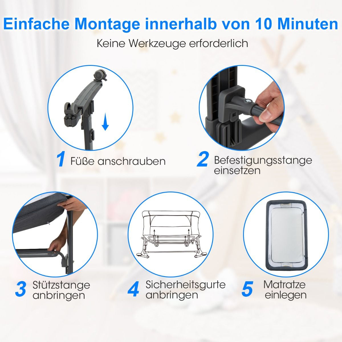 3 in 1 Babybett & Babywiege & Kinderbett Mit Matratze Beistellbett Mit Tragetasche Stubenwagen